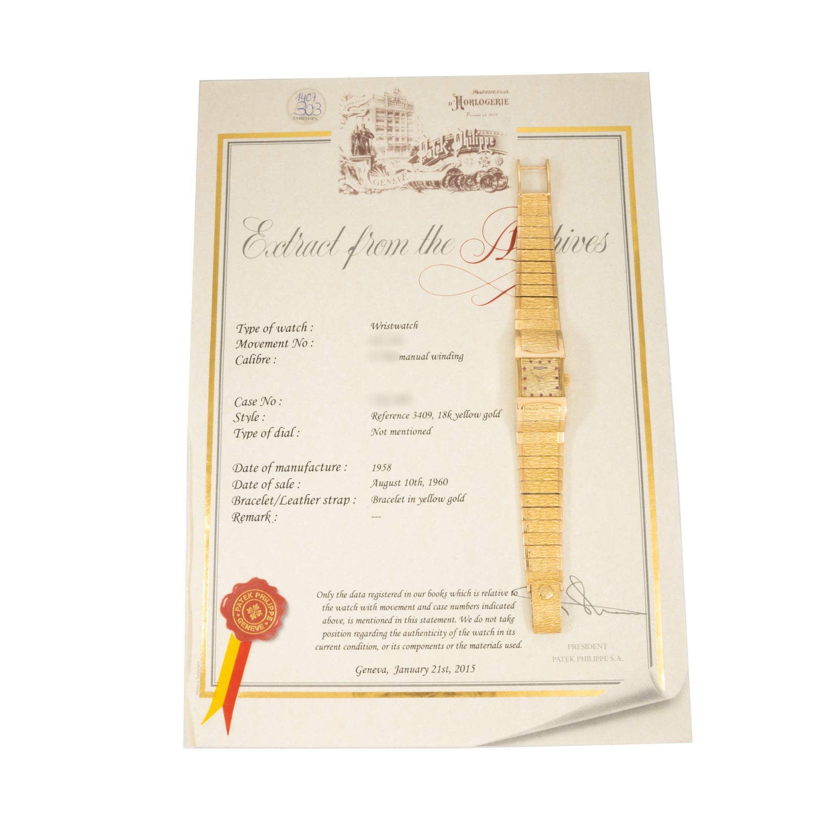 A Patek Philippe Yellow Gold Integrated Dress Watch is displayed on top of an official certificate with a red and yellow ribbon seal.