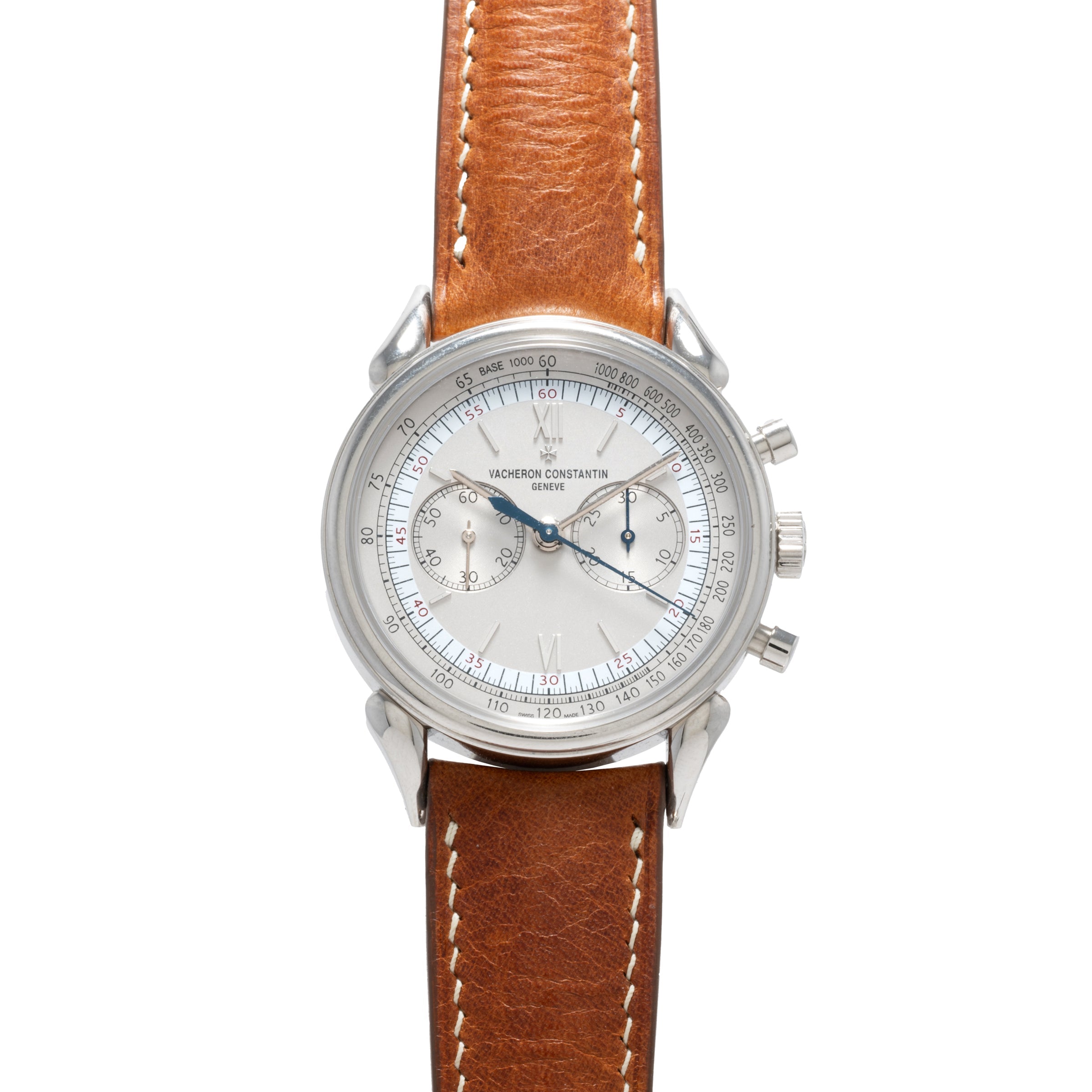 A Vacheron Constantin Historiques Cornes De Vache Chronograph wristwatch in silver with a brown leather strap and chronograph dials.