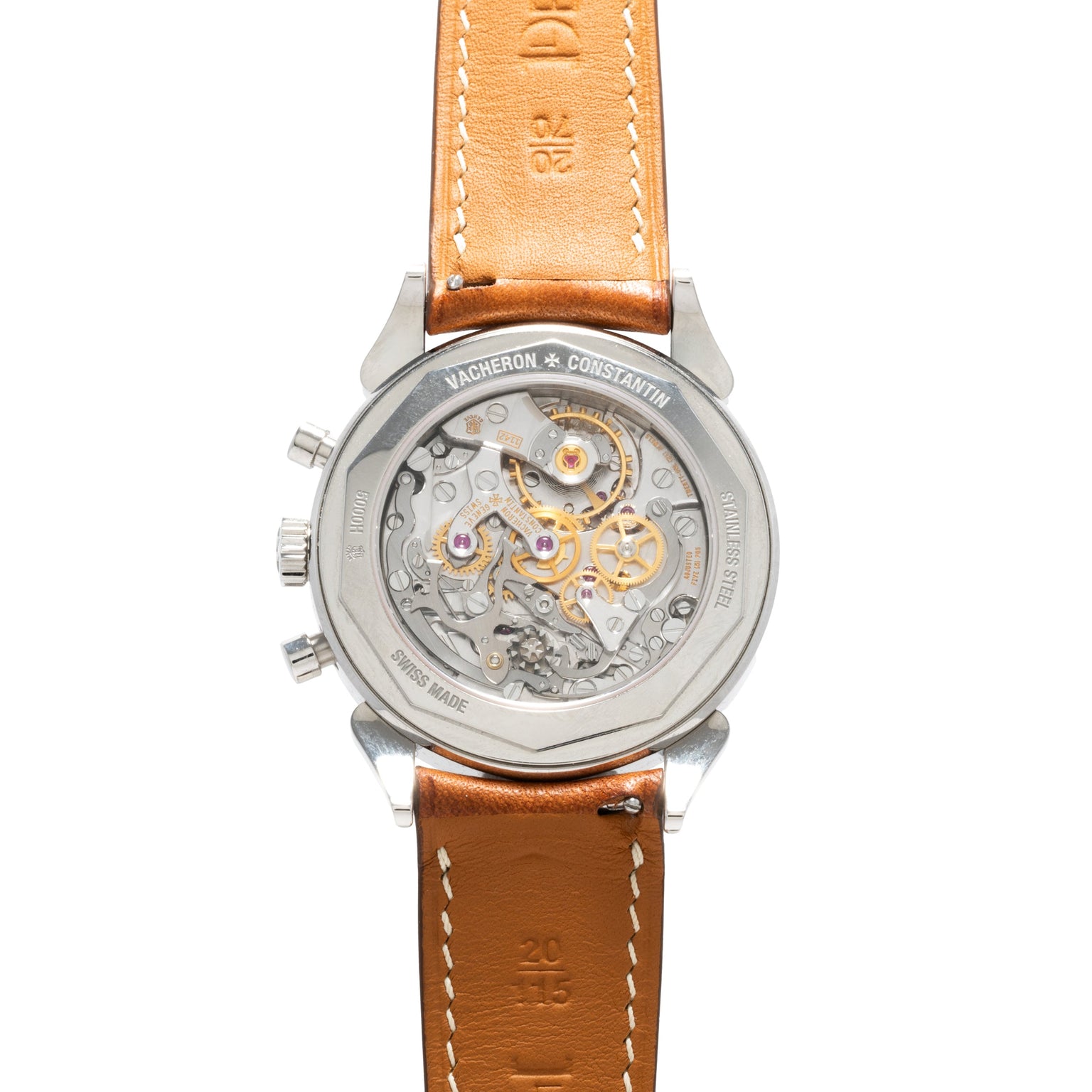 Back view of the Vacheron Constantin Historiques Cornes De Vache Chronograph displaying its exposed mechanical movement and tan leather strap.