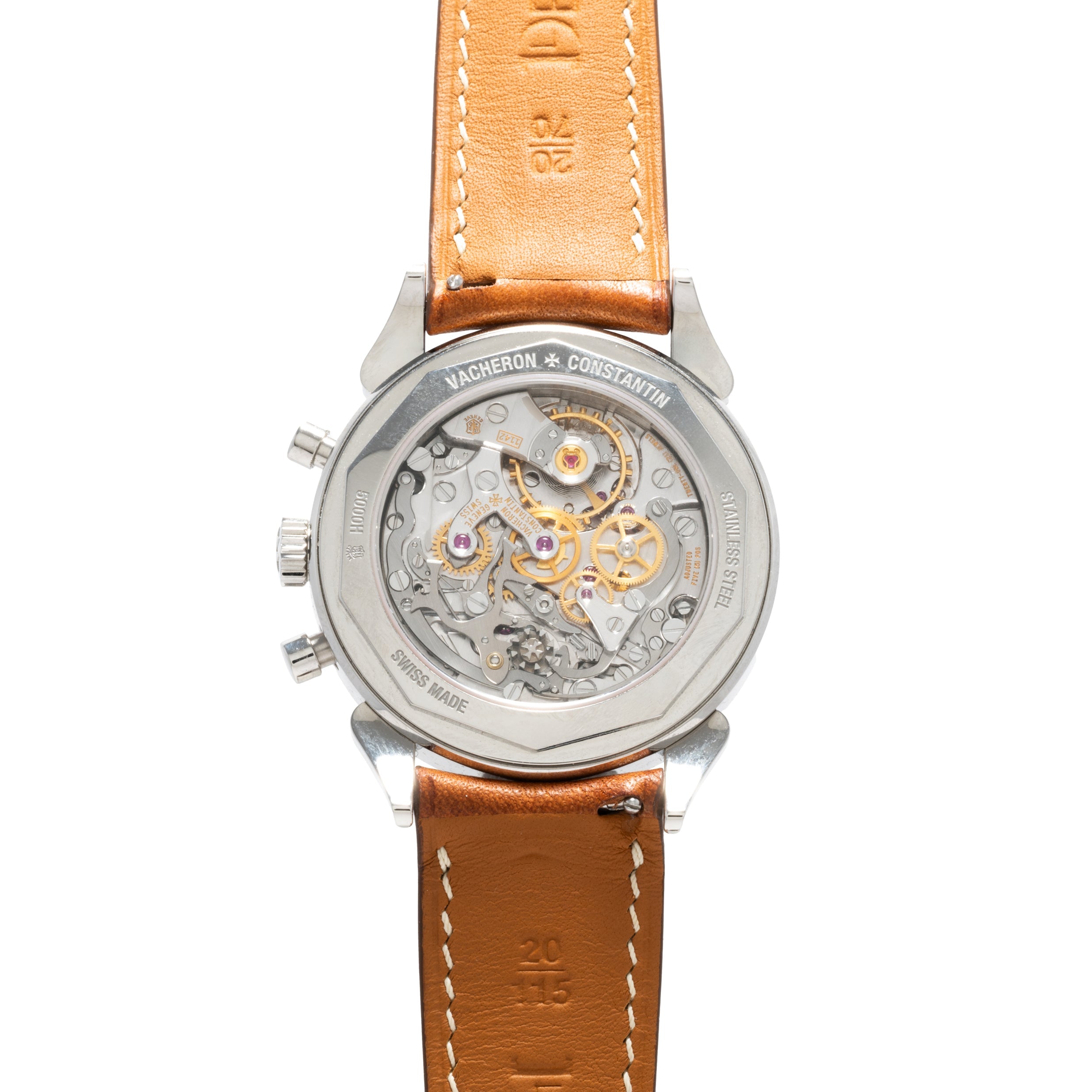 Back view of the Vacheron Constantin Historiques Cornes De Vache Chronograph displaying its exposed mechanical movement and tan leather strap.
