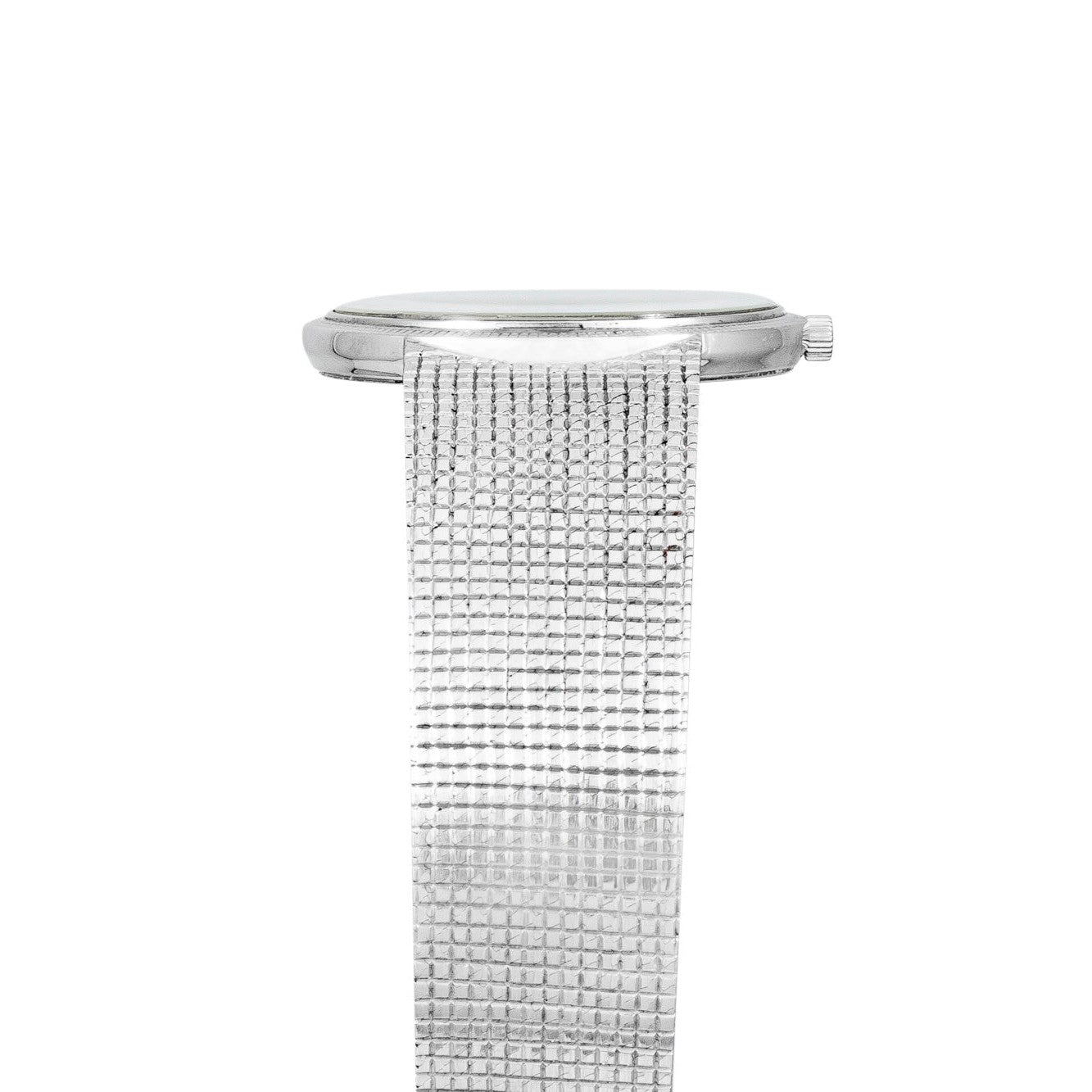 The Patek Philippe Calatrava, a silver wristwatch with a thin, textured metal band, is shown from the side against a white background.