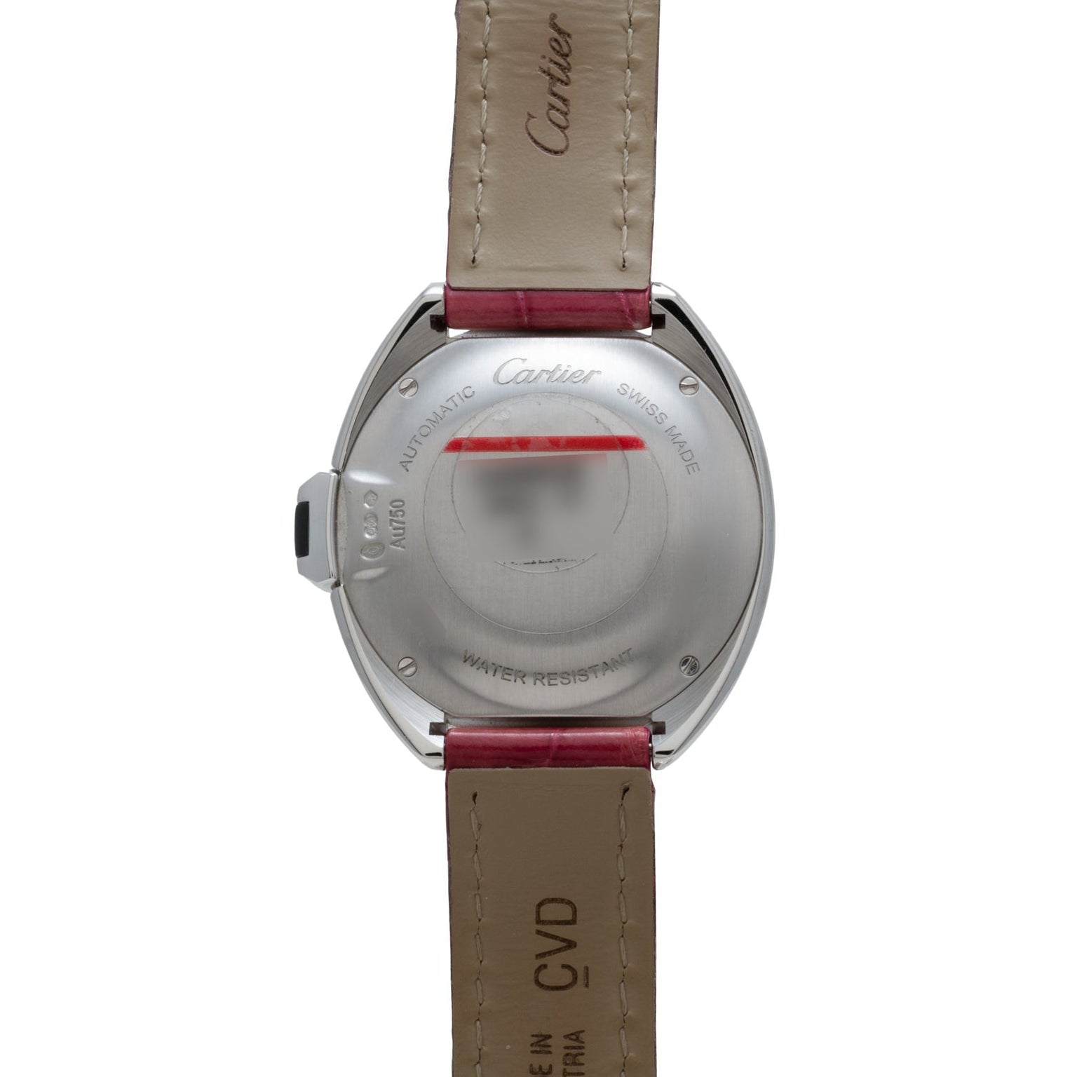 Back view of Cartiers Cle de Diamond wristwatch featuring beige leather straps and engraved markings on the stainless steel case.