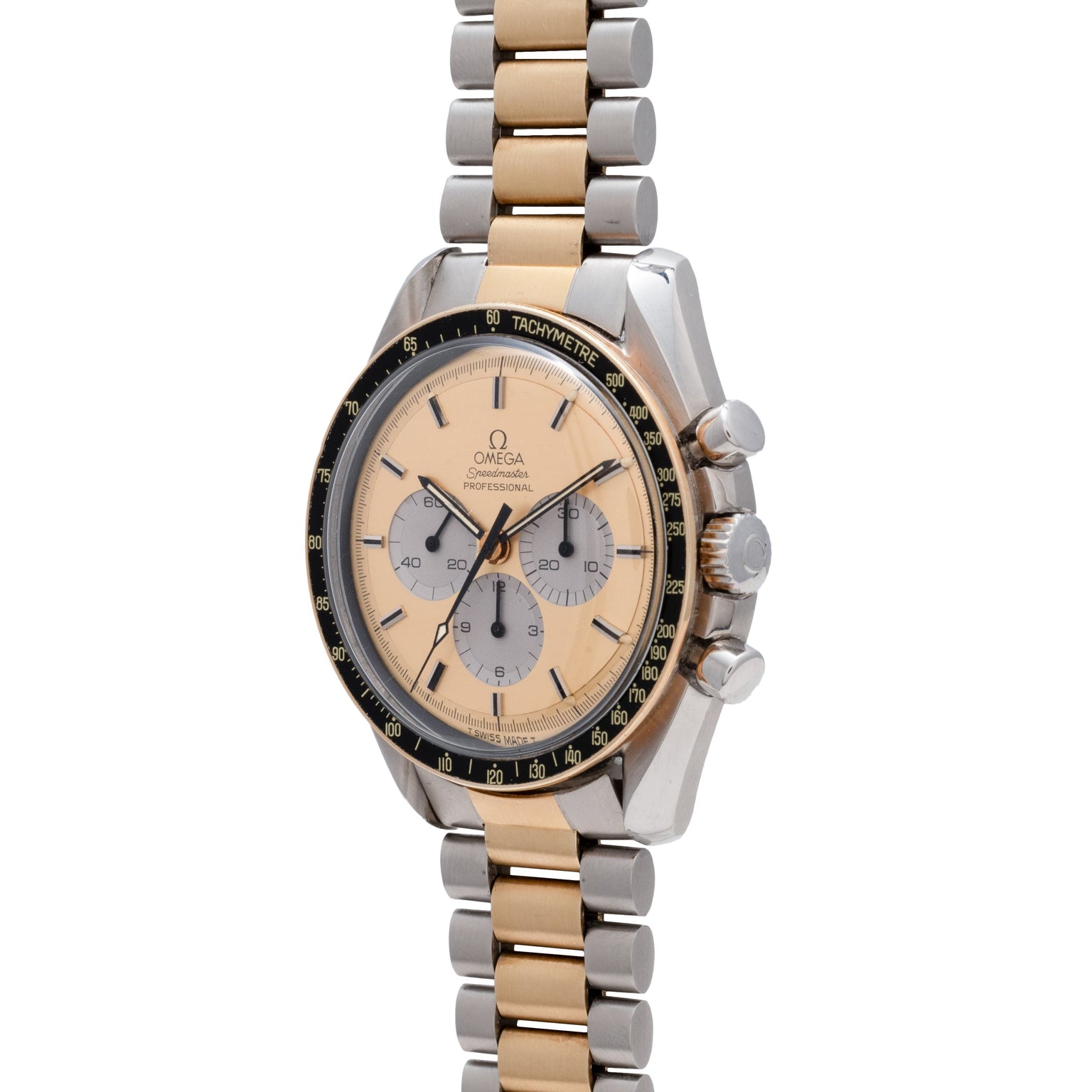 The OMEGA Speedmaster Professional Two-Tone features a champagne dial and a metal link bracelet.