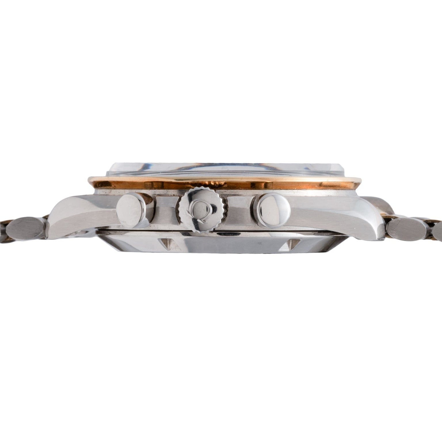 Side view of the OMEGA Speedmaster Professional Two-Tone, featuring a silver metal band, crown, and visible case with buttons.