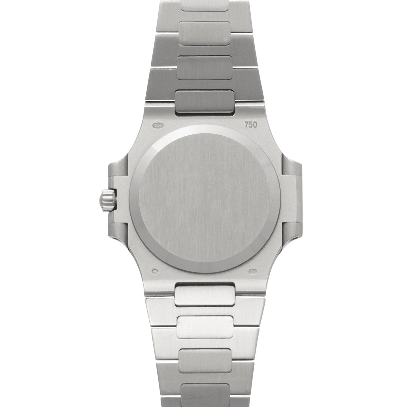 The Patek Philippe Nautilus, a silver metal wristwatch with a blank round face, is displayed from the back on a white background.