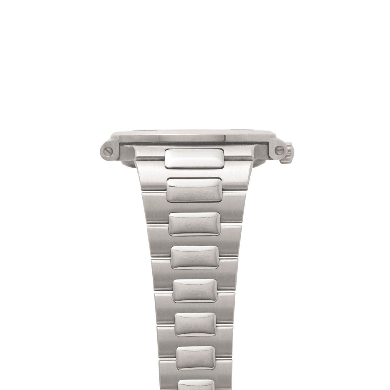 A close-up of the Patek Philippe Nautiluss silver metal watch band and case against a white background.