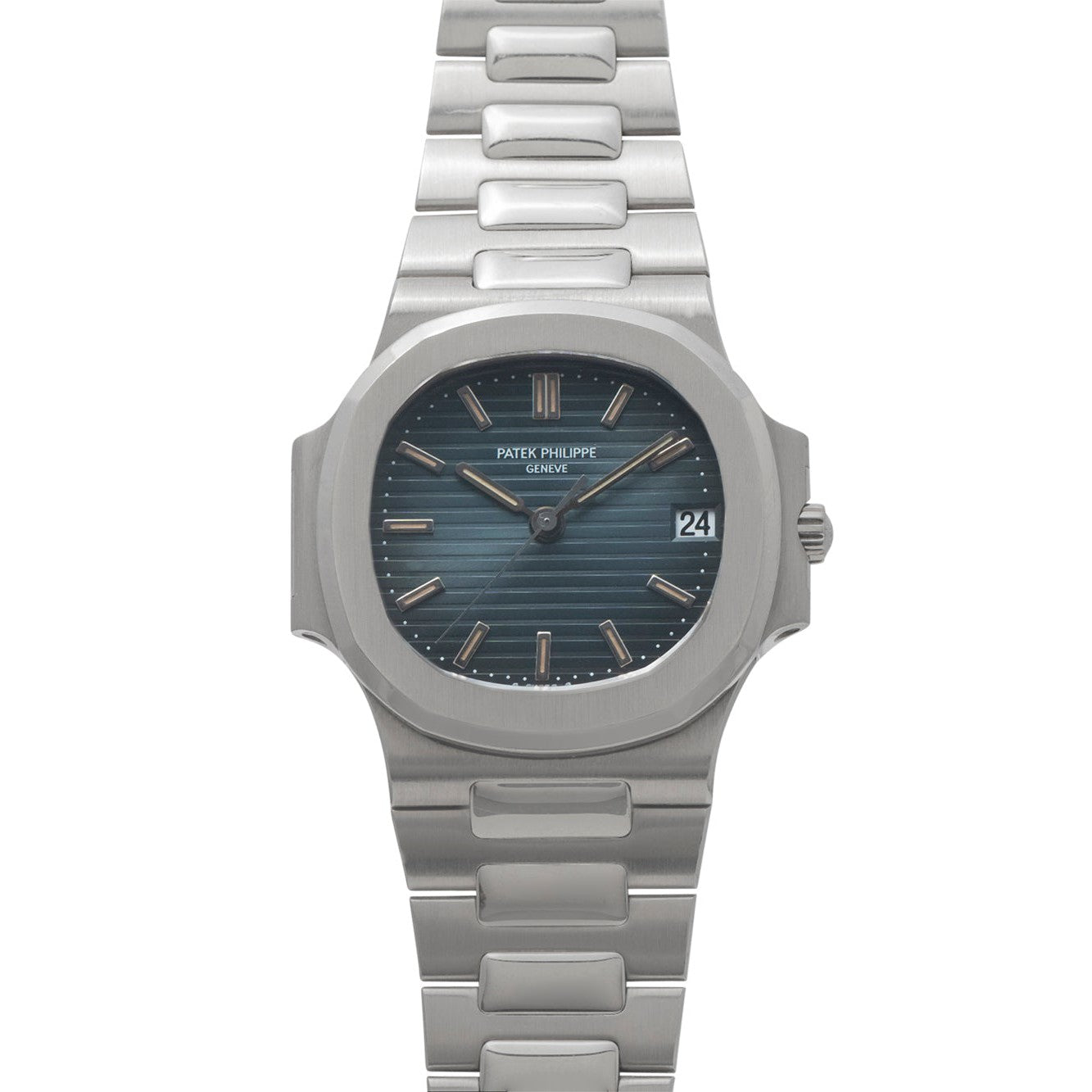 The Patek Philippe Nautilus features a blue dial with date display and is presented on a silver metal bracelet.
