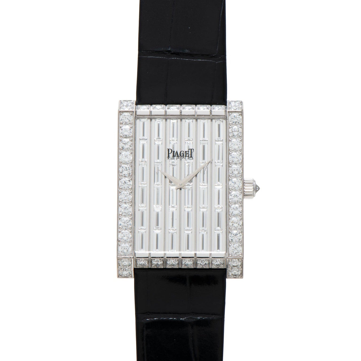 Piaget Limelight Baguette Diamond Dress Watch with a rectangular case, diamond-set bezel, and black leather strap.