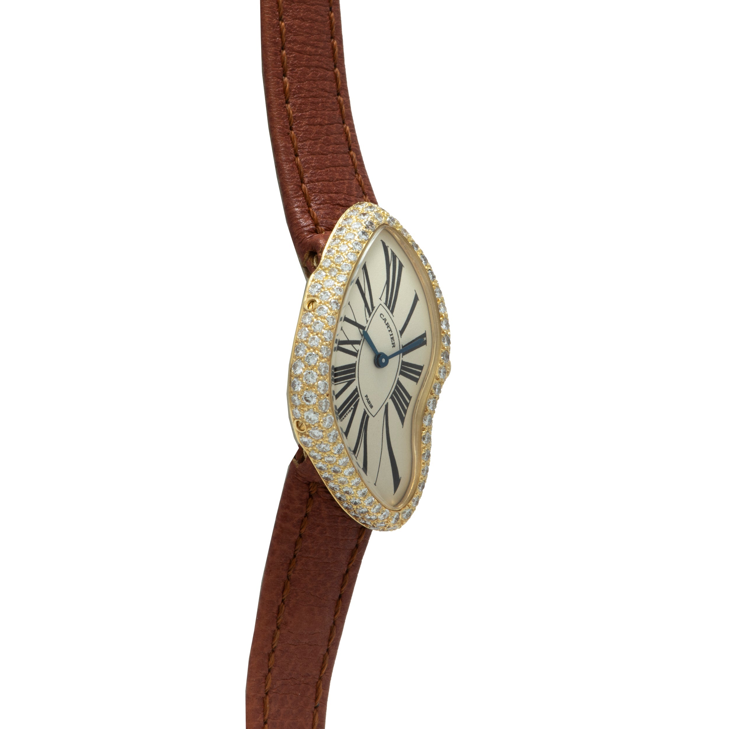 Side view of the Cartier Crash Diamonds watch featuring an elegant, distorted oval design, a brown leather strap, and a diamond-encrusted bezel.