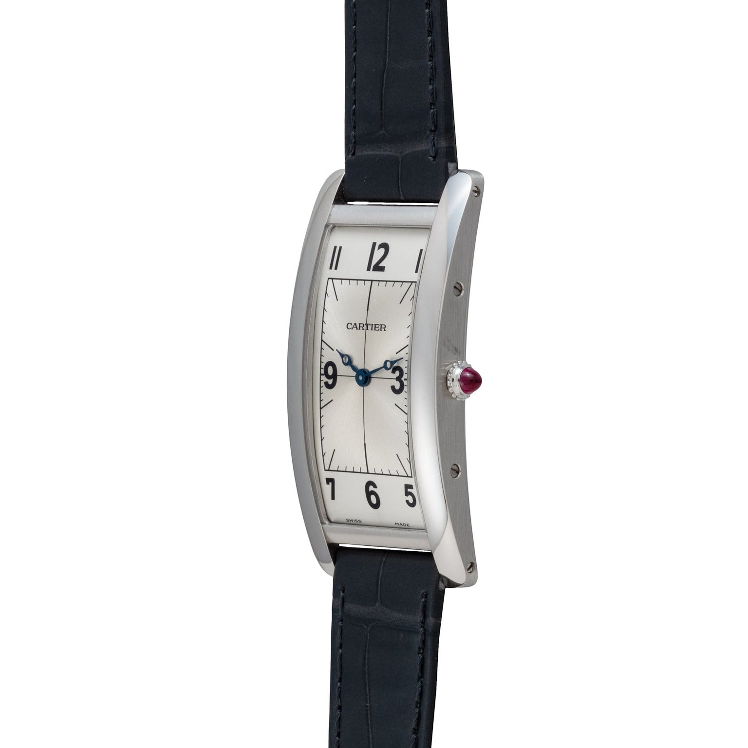 The Cartier Tank Cintrée Piece Unique is a rectangular wristwatch featuring a silver dial, black leather strap, and blue hands.