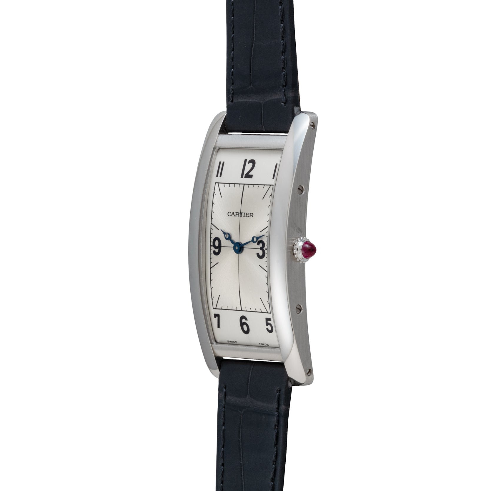 The Cartier Tank Cintrée Piece Unique is a rectangular wristwatch featuring a silver dial, black leather strap, and blue hands.