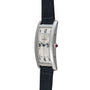 The Cartier Tank Cintrée Piece Unique is a rectangular wristwatch featuring a silver dial, black leather strap, and blue hands.