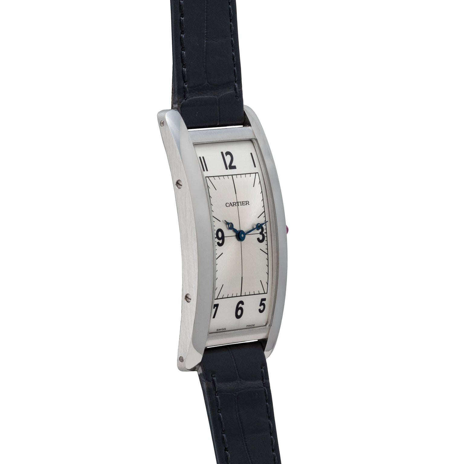 A Cartier Tank Cintrée Piece Unique wristwatch with a rectangular face and black leather strap, displaying the time 3:10.