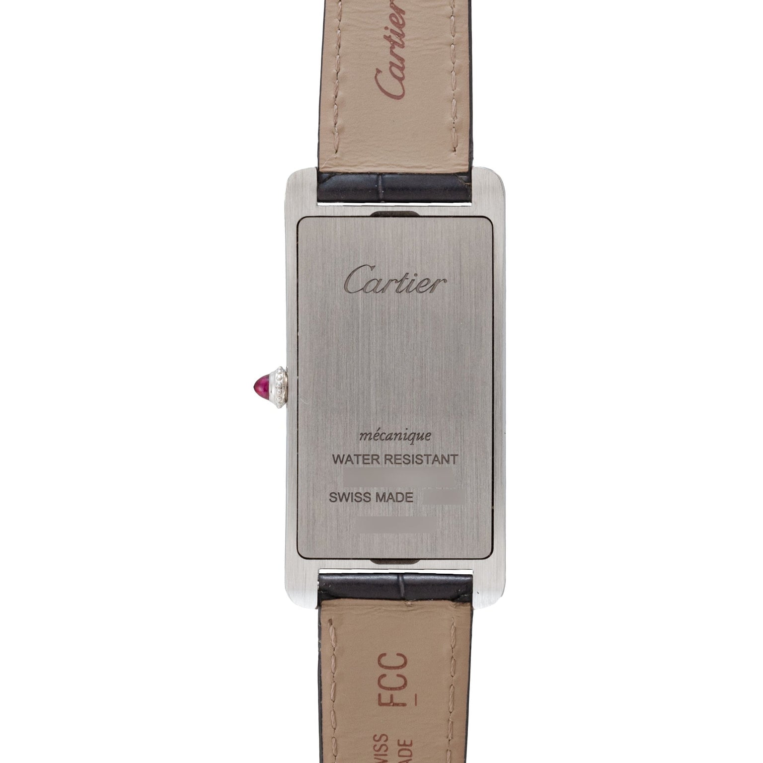 The back of a Cartier Tank Cintrée Piece Unique wristwatch with leather straps features engraved text, including Swiss Made and Water Resistant.