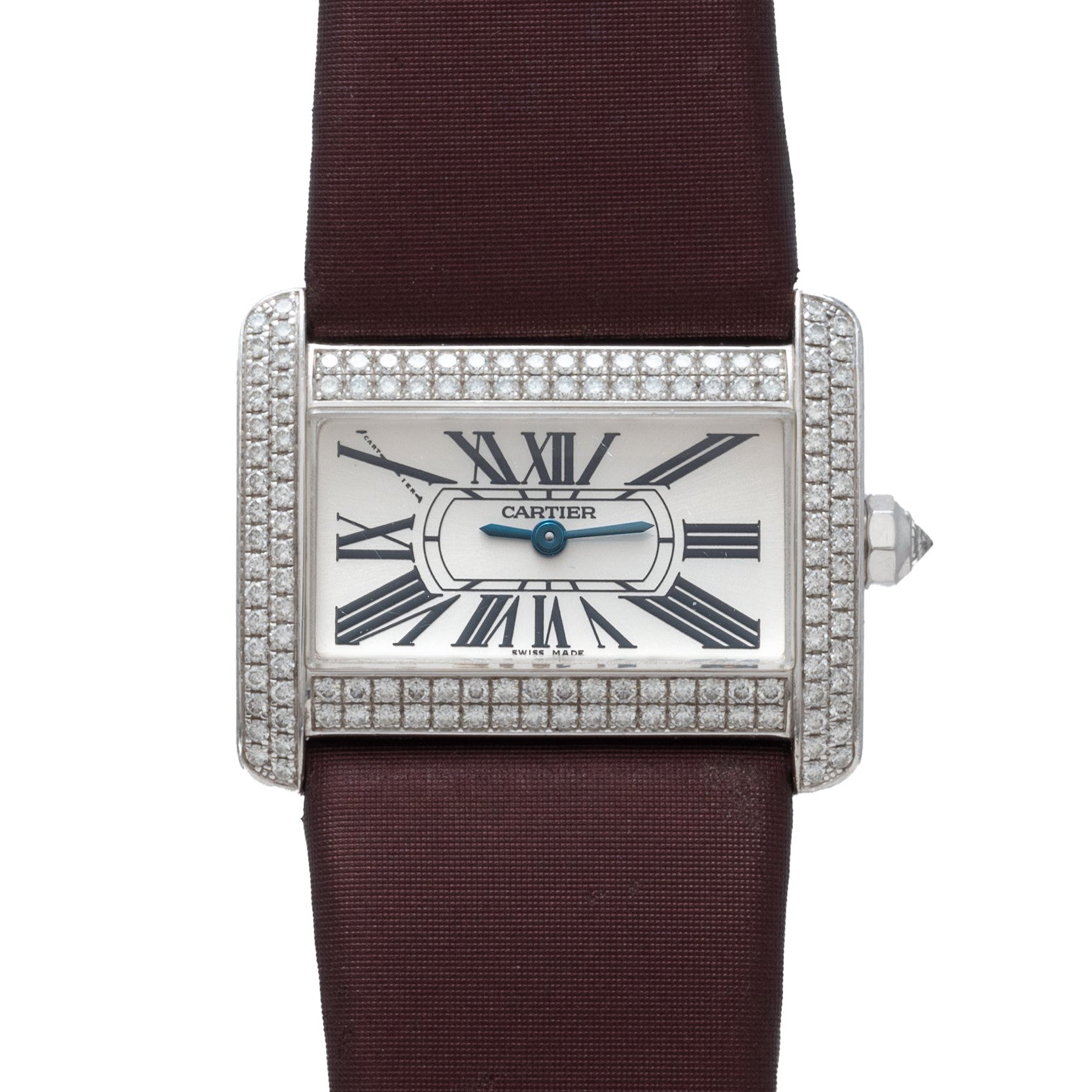 Cartier Tank Divan watch featuring a rectangular case, diamond bezel, Roman numerals, and a burgundy strap.