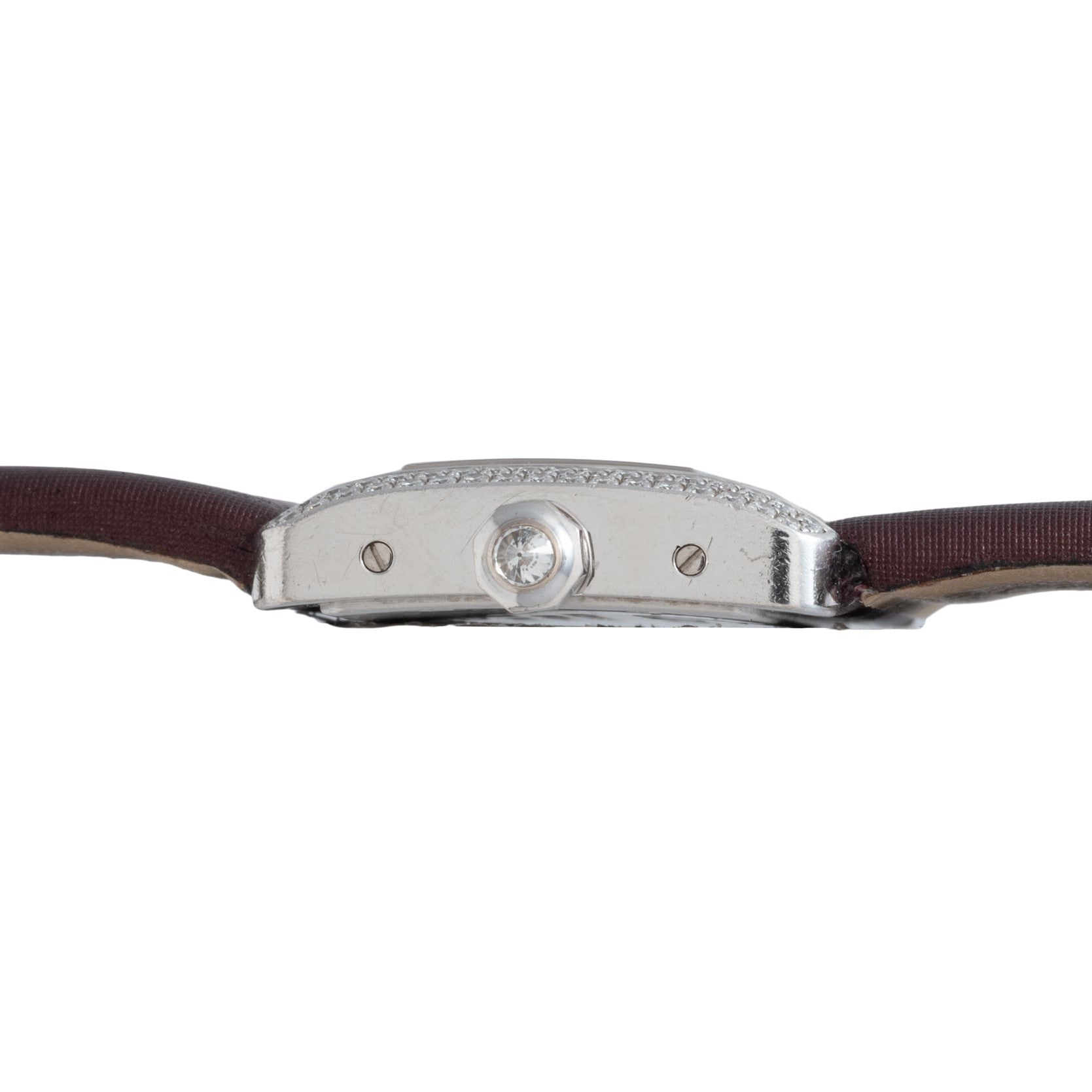 Side view of the Cartier Tank Divan silver watch case with a brown strap and a round center crown.