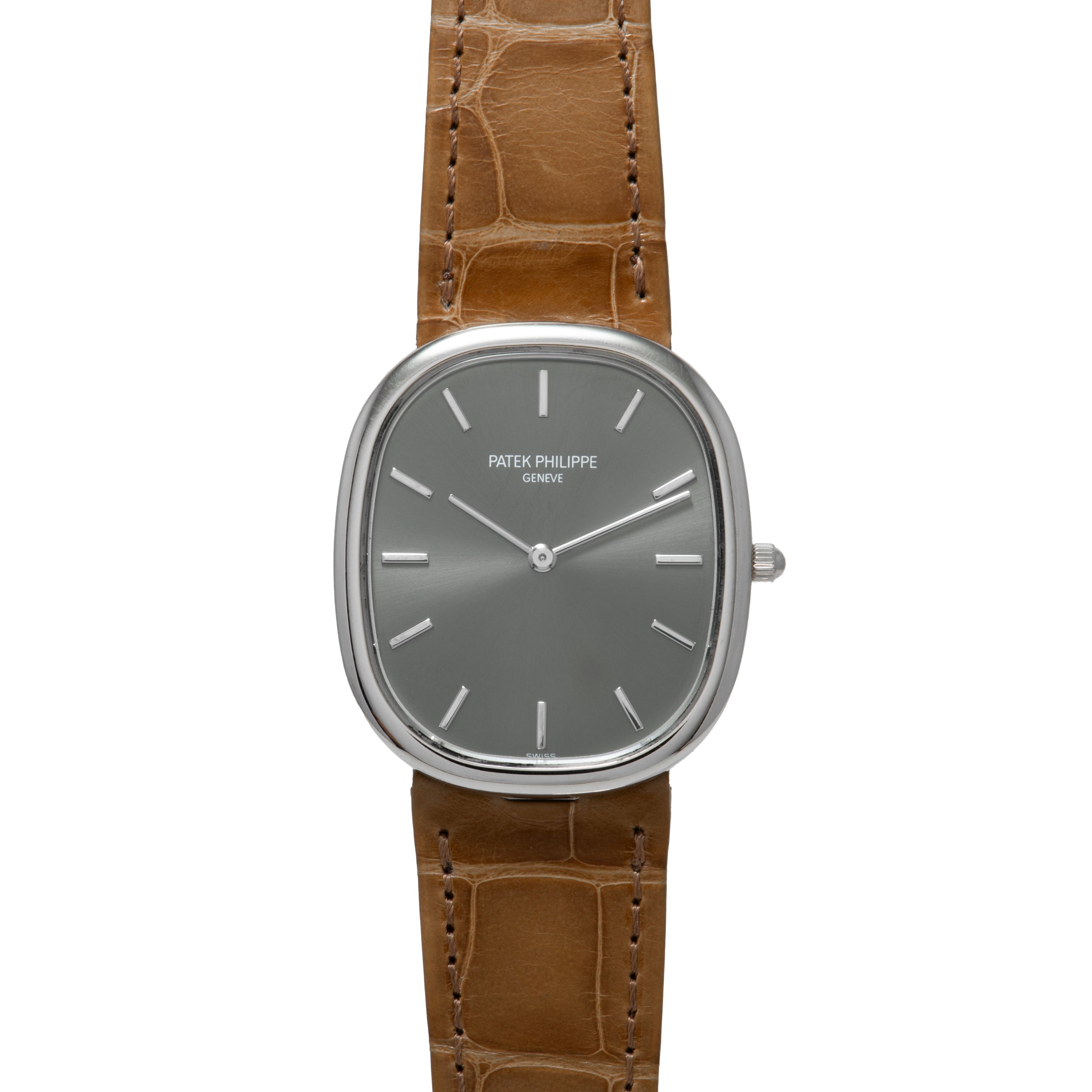 The Patek Philippe Ellipse wristwatch features a brown leather strap and a silver-toned dial.