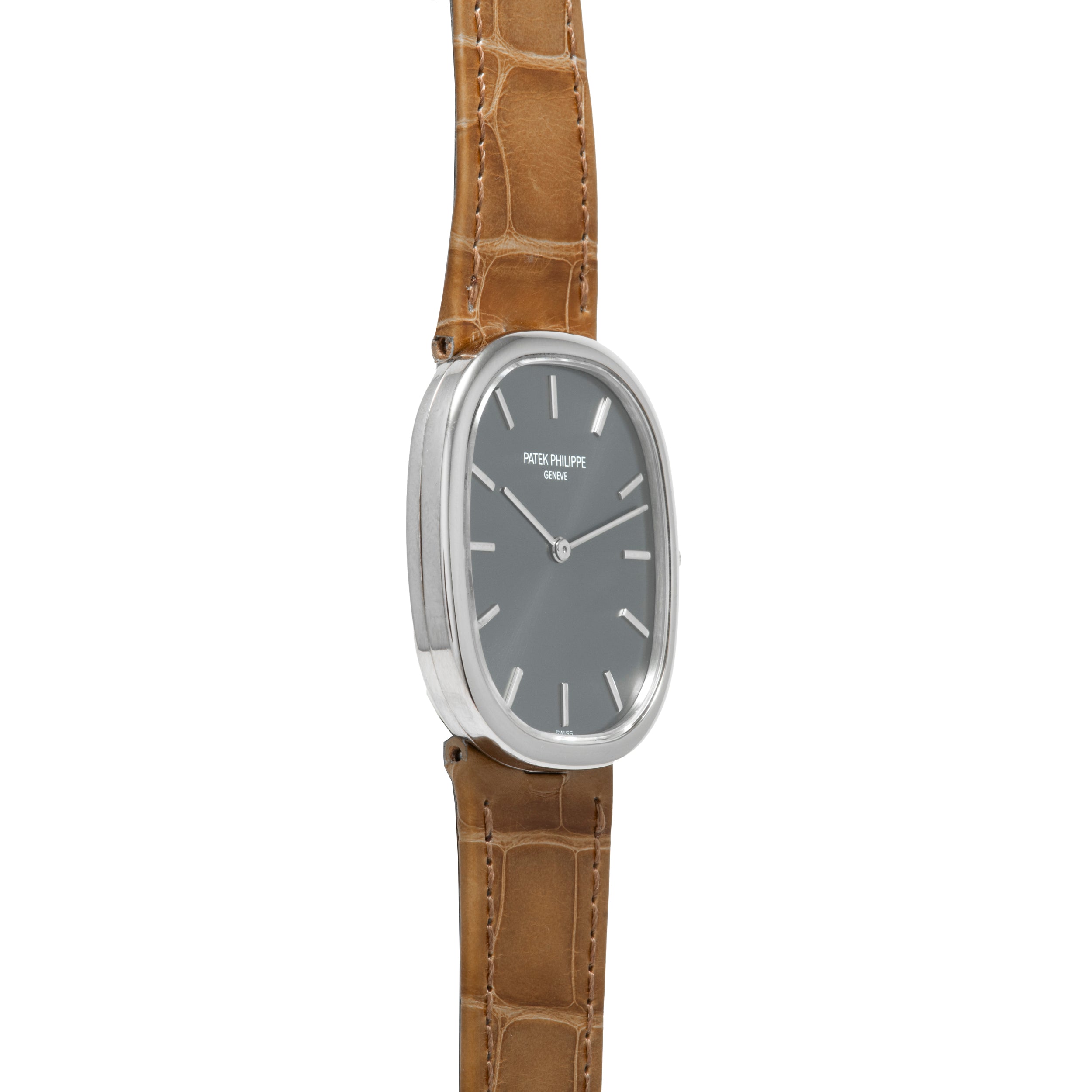 Patek Philippe Ellipse watch with a silver oval case, grey face, and brown leather strap, shown in profile.