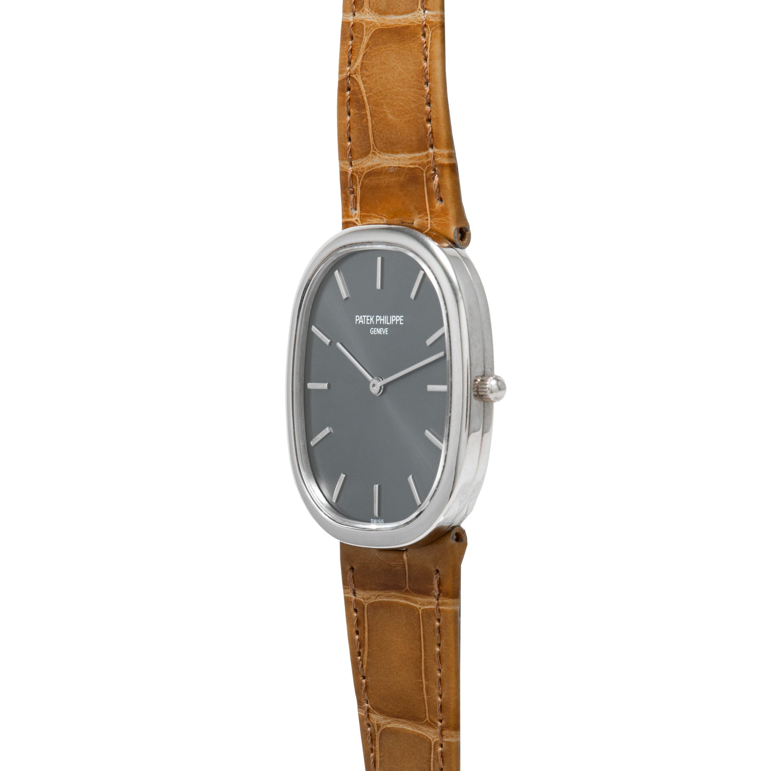 Patek Philippe Ellipse watch featuring a silver oval case, brown leather strap, grey dial, and displaying the time 7:10.