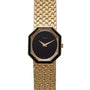 Piaget Onyx Dial wristwatch featuring a gold mesh band and black octagonal face, displayed on a white background.