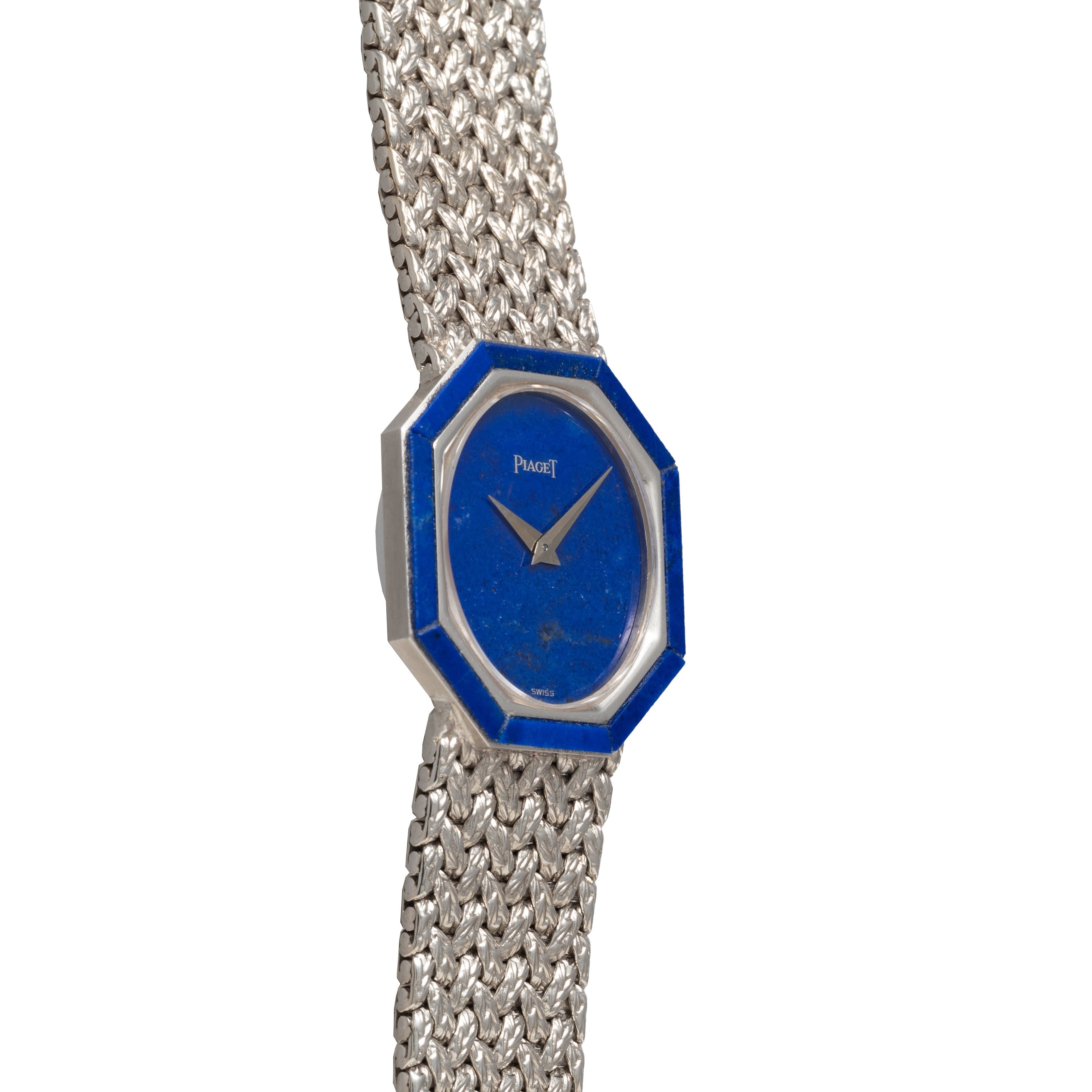 Piaget Lapis Lazuli White Gold Dress Watch featuring a blue octagonal face and a woven metal band, displaying the time at 10:13.