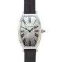 The Cartier Tonneau Platinum wristwatch features Roman numerals, blue hands, and a black leather strap.