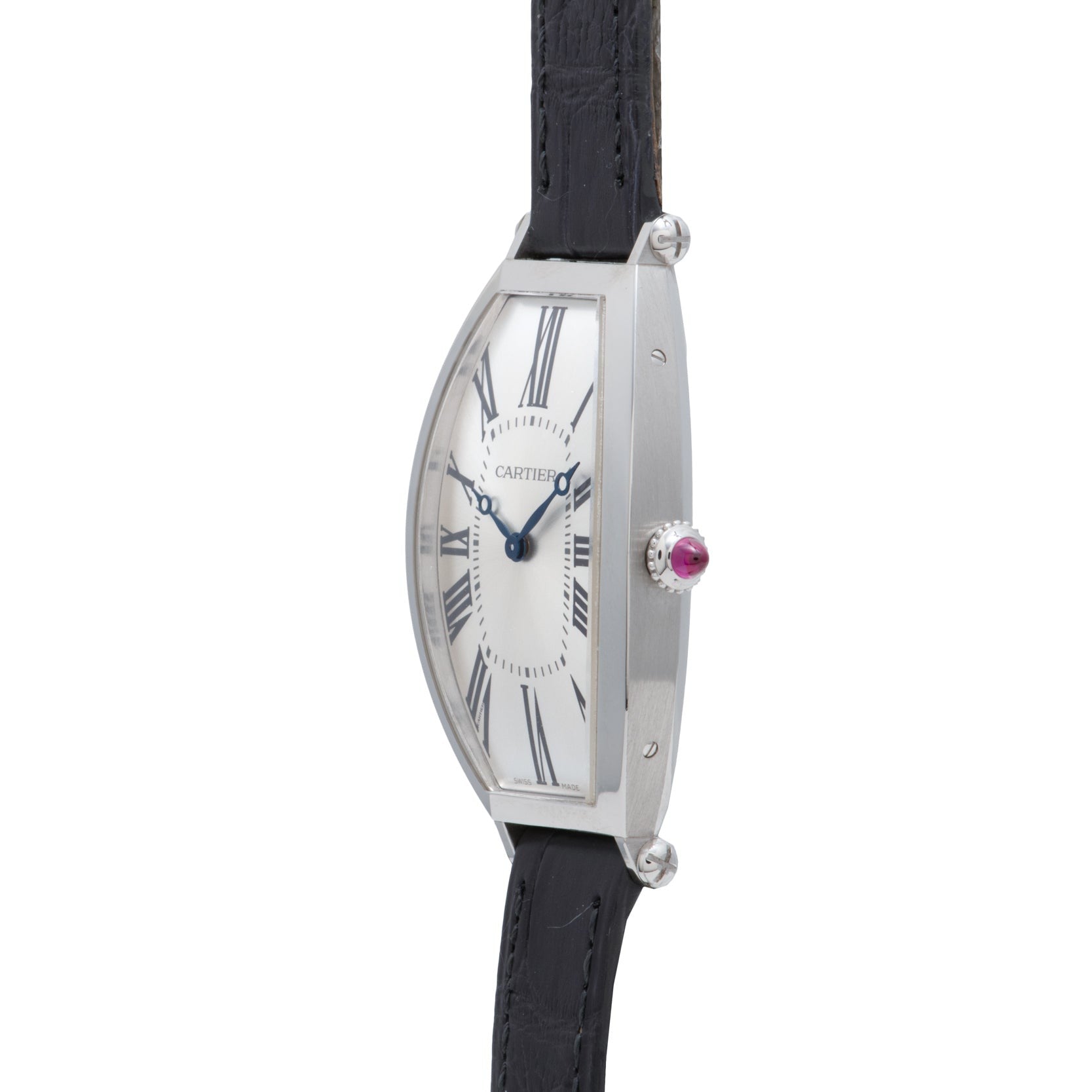 Side view of the Cartier Tonneau Platinum wristwatch featuring a white face, Roman numerals, and a black leather strap.