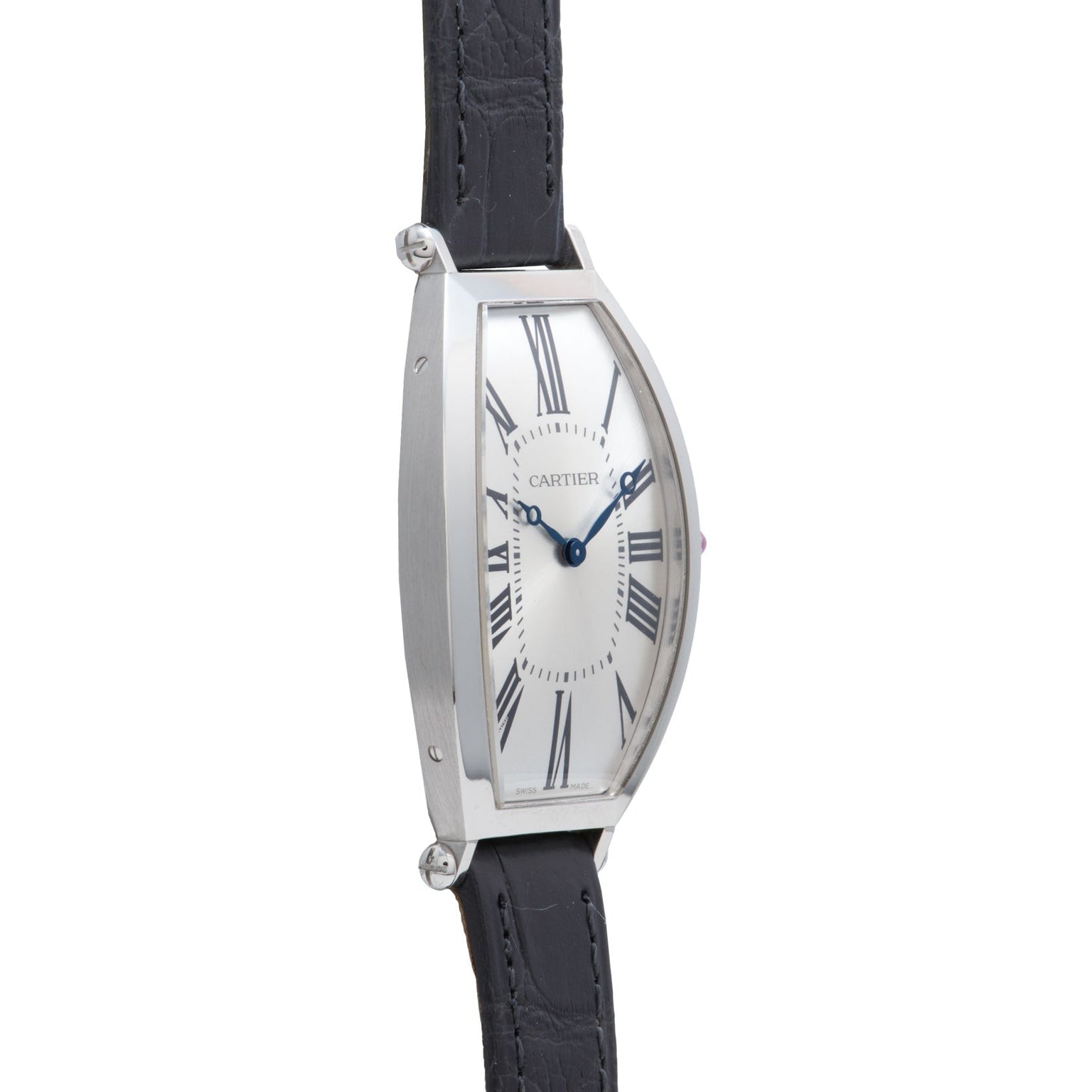 Side view of a Cartier Tonneau Platinum wristwatch featuring a silver case, white dial, blue hands, and black leather strap.