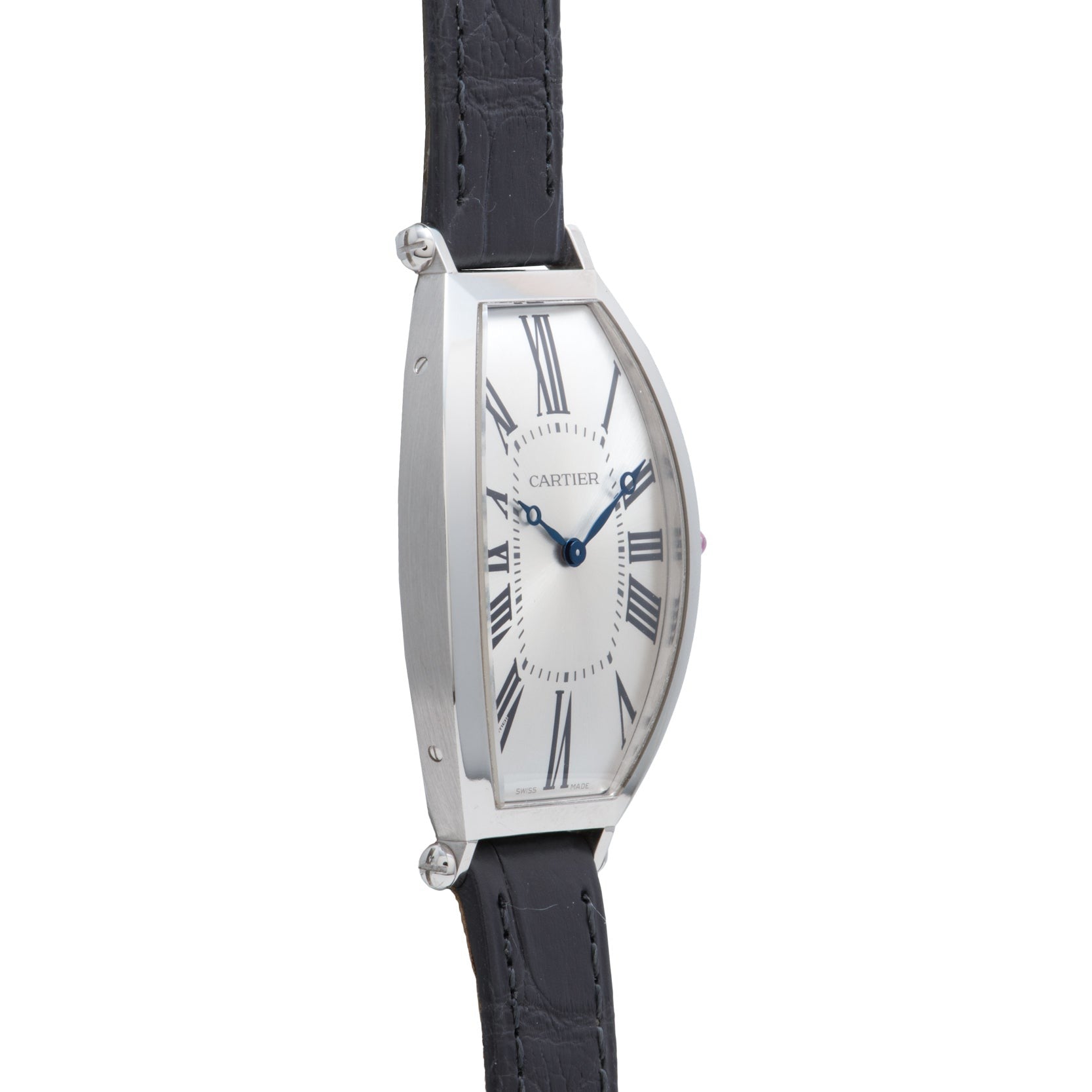 Side view of a Cartier Tonneau Platinum wristwatch featuring a silver case, white dial, blue hands, and black leather strap.