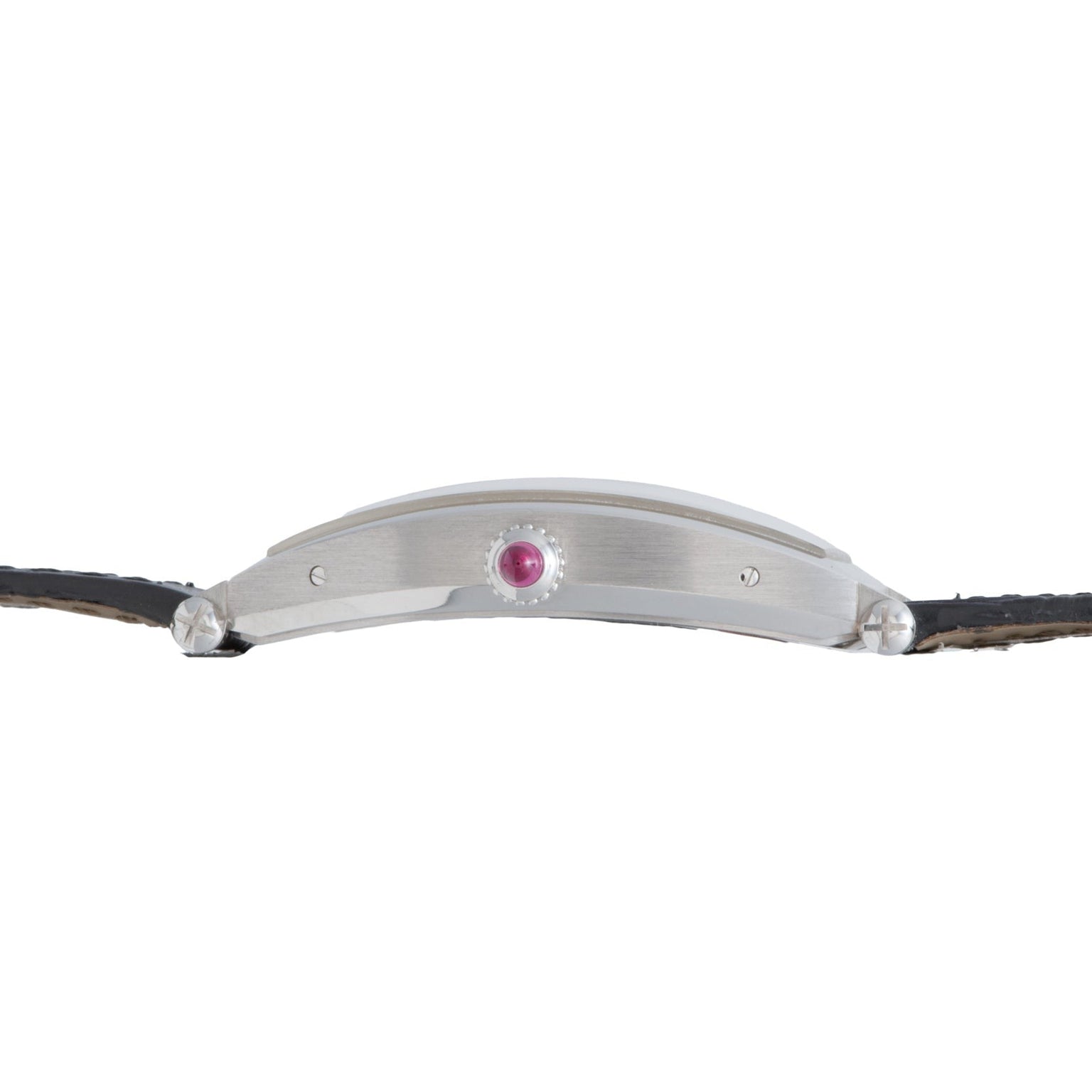 Side view of the Cartier Tonneau Platinum showing its silver case, pink crown, and black leather strap.
