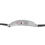 Side view of the Cartier Tonneau Platinum showing its silver case, pink crown, and black leather strap.
