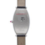 The back of the Cartier Tonneau Platinum wristwatch is engraved with text, including NEXT MAY 24, and features a visible leather strap.