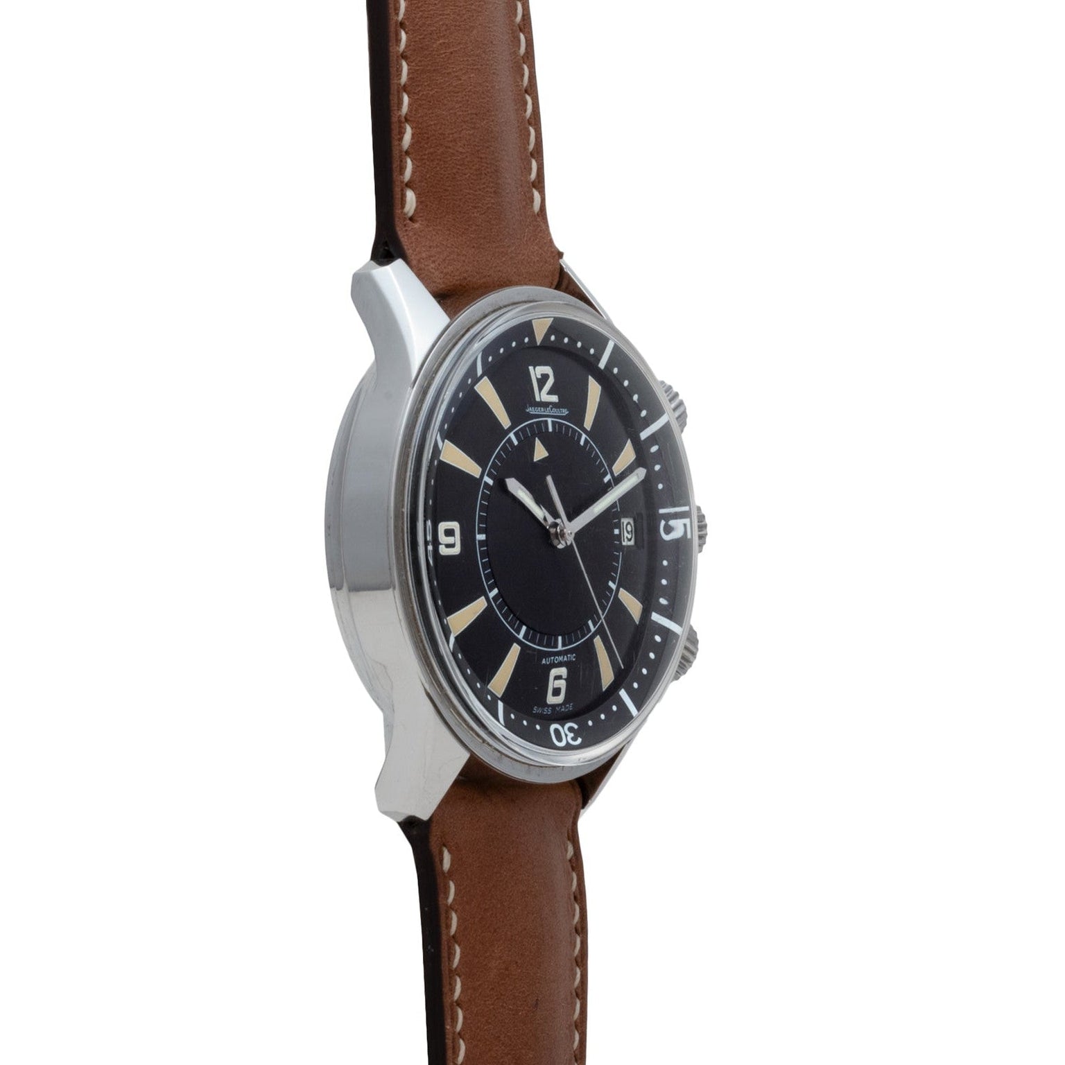 The Jaeger-LeCoultre Tribute to Polaris features a black dial, brown leather strap, silver case, and bold white hour markers.