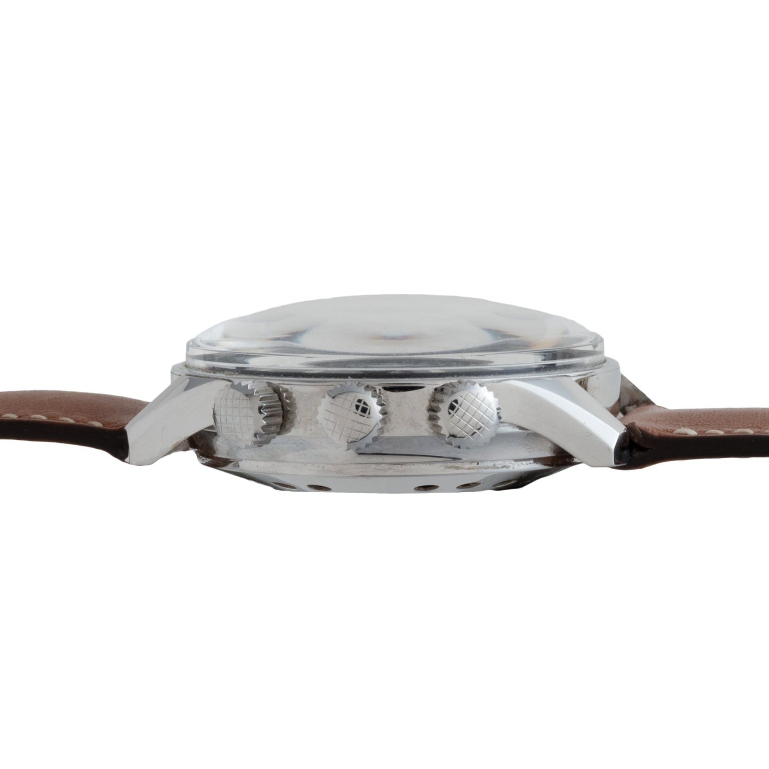Side view of the Jaeger-LeCoultre Tribute to Polaris wristwatch by Jaeger-LeCoultre, featuring a brown leather strap and three metal adjustment crowns.