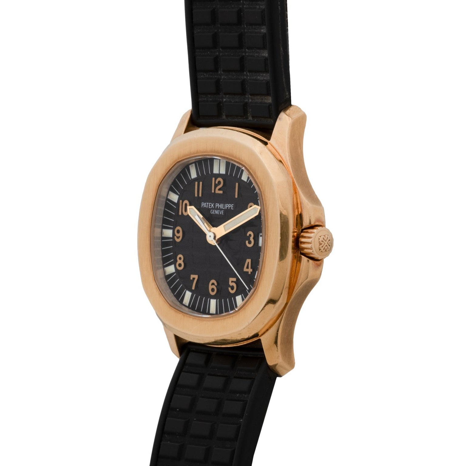 The Patek Philippe Aquanaut is a gold wristwatch with a black face and textured black rubber strap, shown displaying the time 8:02.