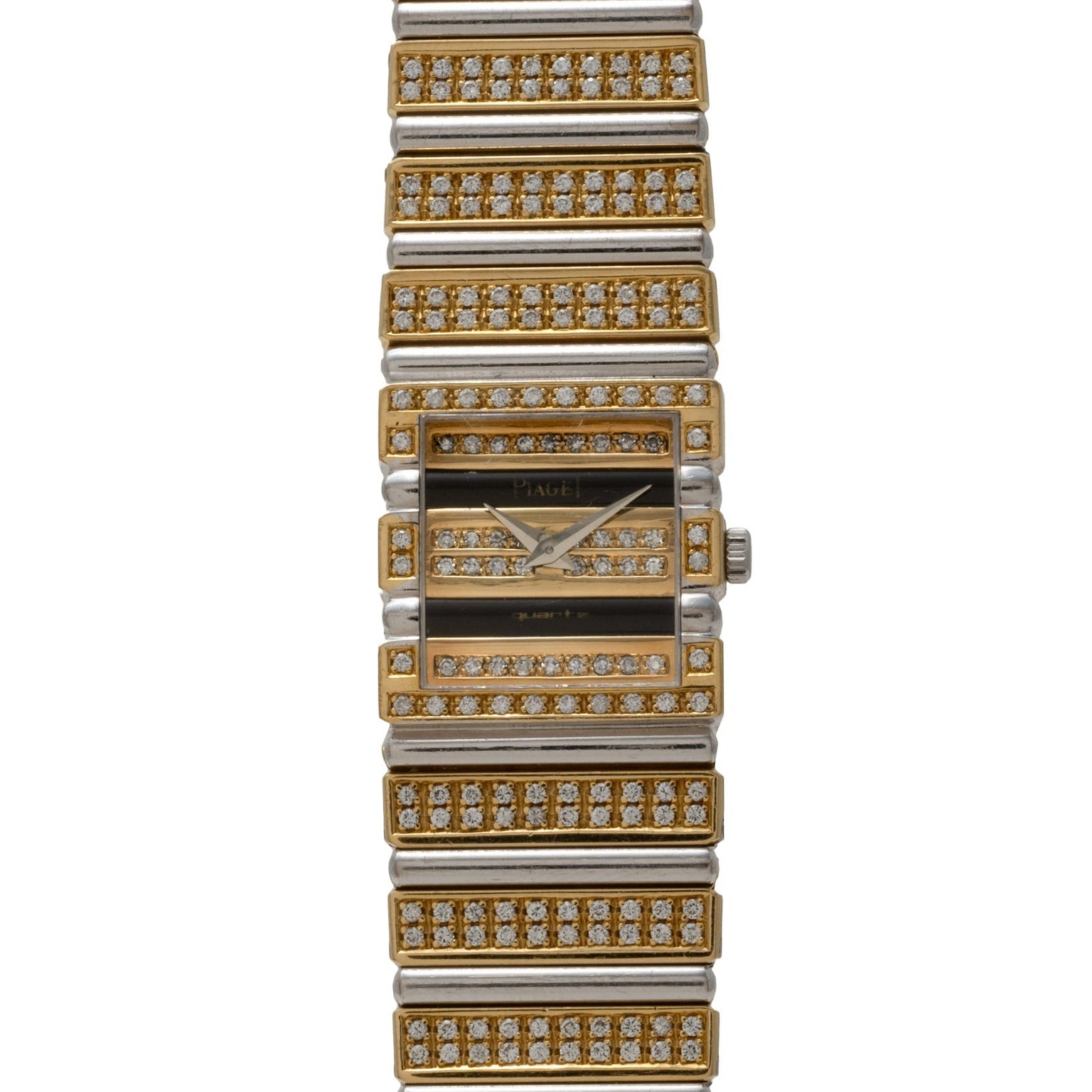 The Piaget Polo Pave is a gold and silver rectangular watch featuring rows of diamonds on the face and band.