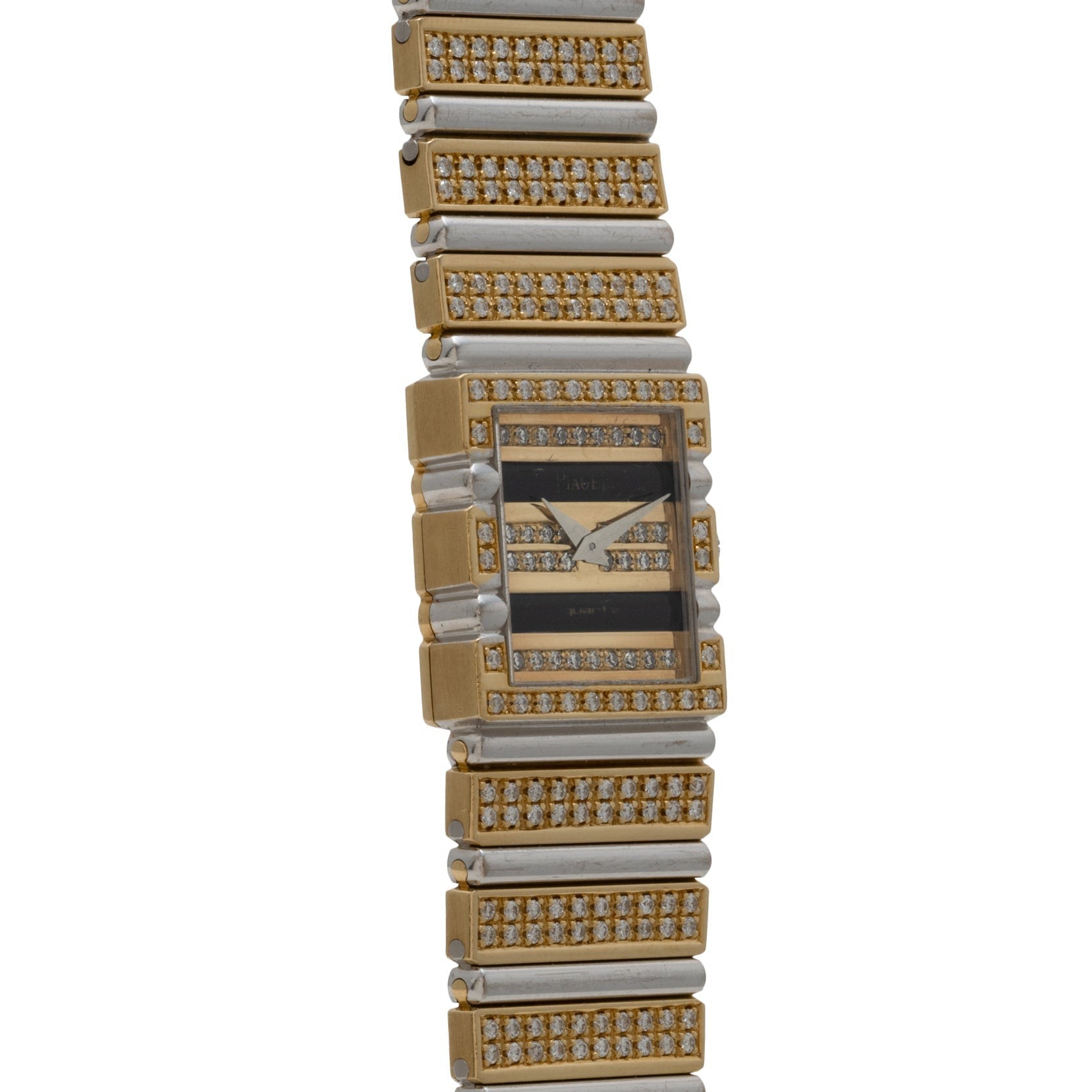 The Piaget Polo Pave wristwatch features gold and silver tones with diamond accents on the band and face, showcased against a white background.