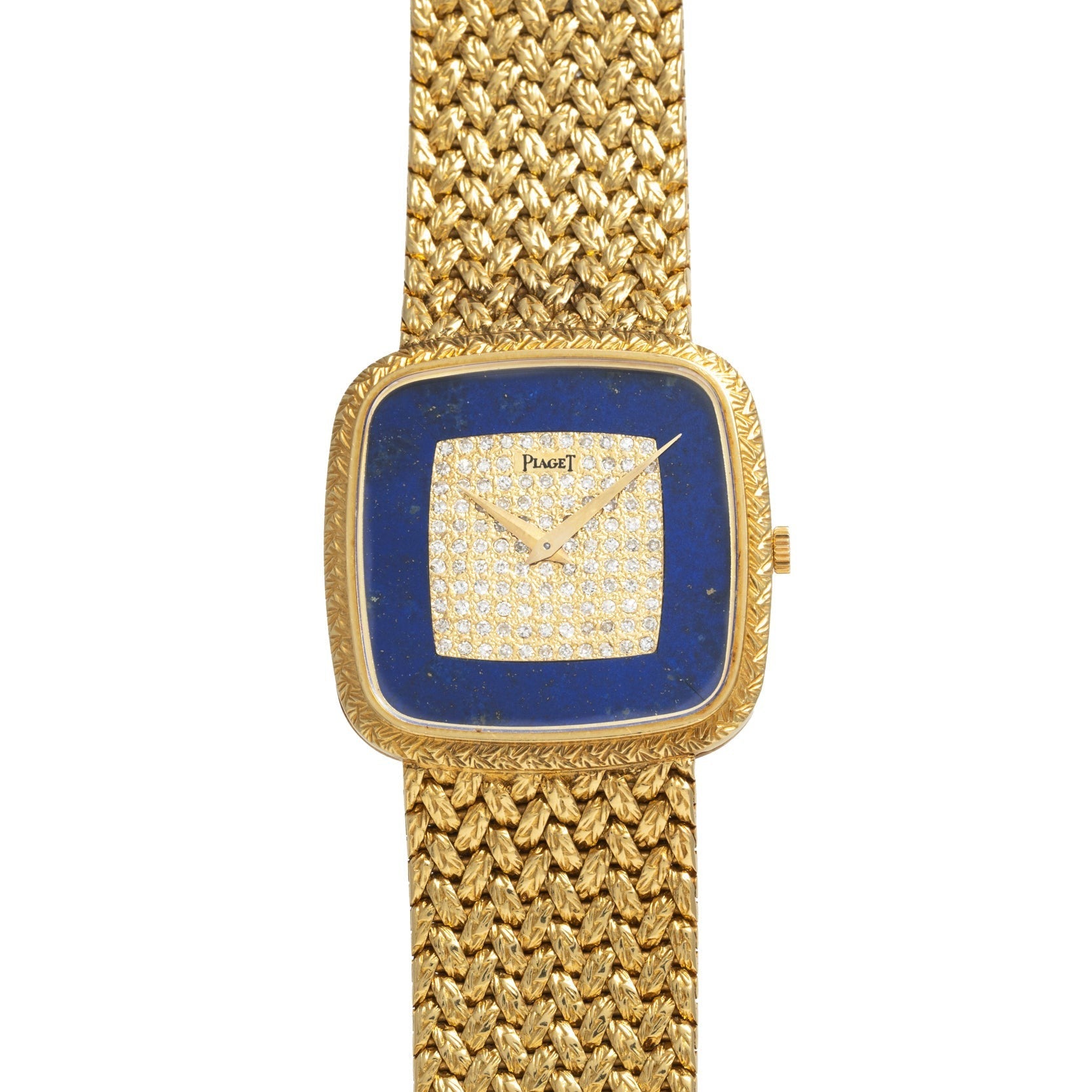 Piaget Pave Lapis Lazuli Dress Watch featuring a blue square face, diamond-studded center, and woven gold band.