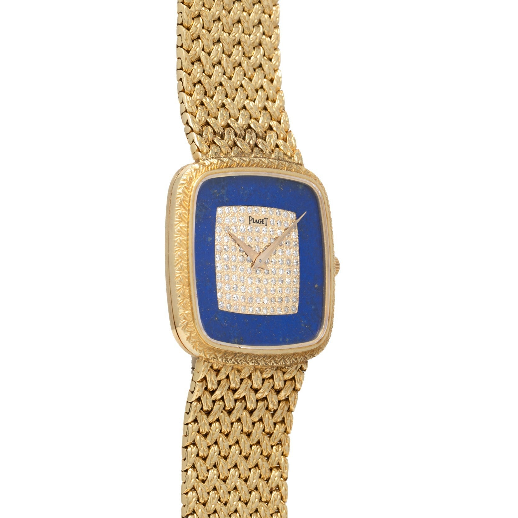 The Piaget Pave Lapis Lazuli Dress Watch features a gold textured band, blue bezel, and diamond-studded rectangular face.