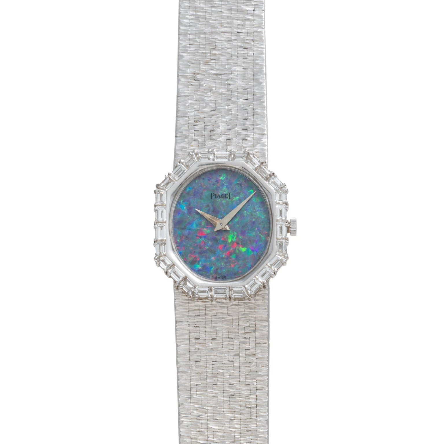 The Piaget Opal White Gold Dress Watch features a textured band, blue opal face, and diamond accents around the bezel.