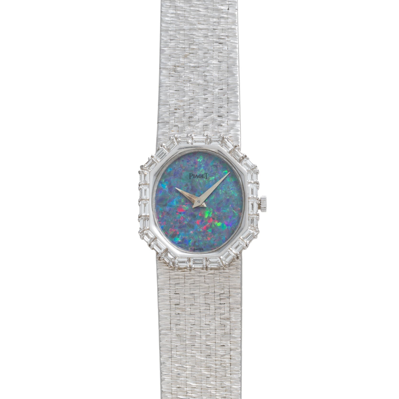 The Piaget Opal White Gold Dress Watch features a textured band, blue opal face, and diamond accents around the bezel.