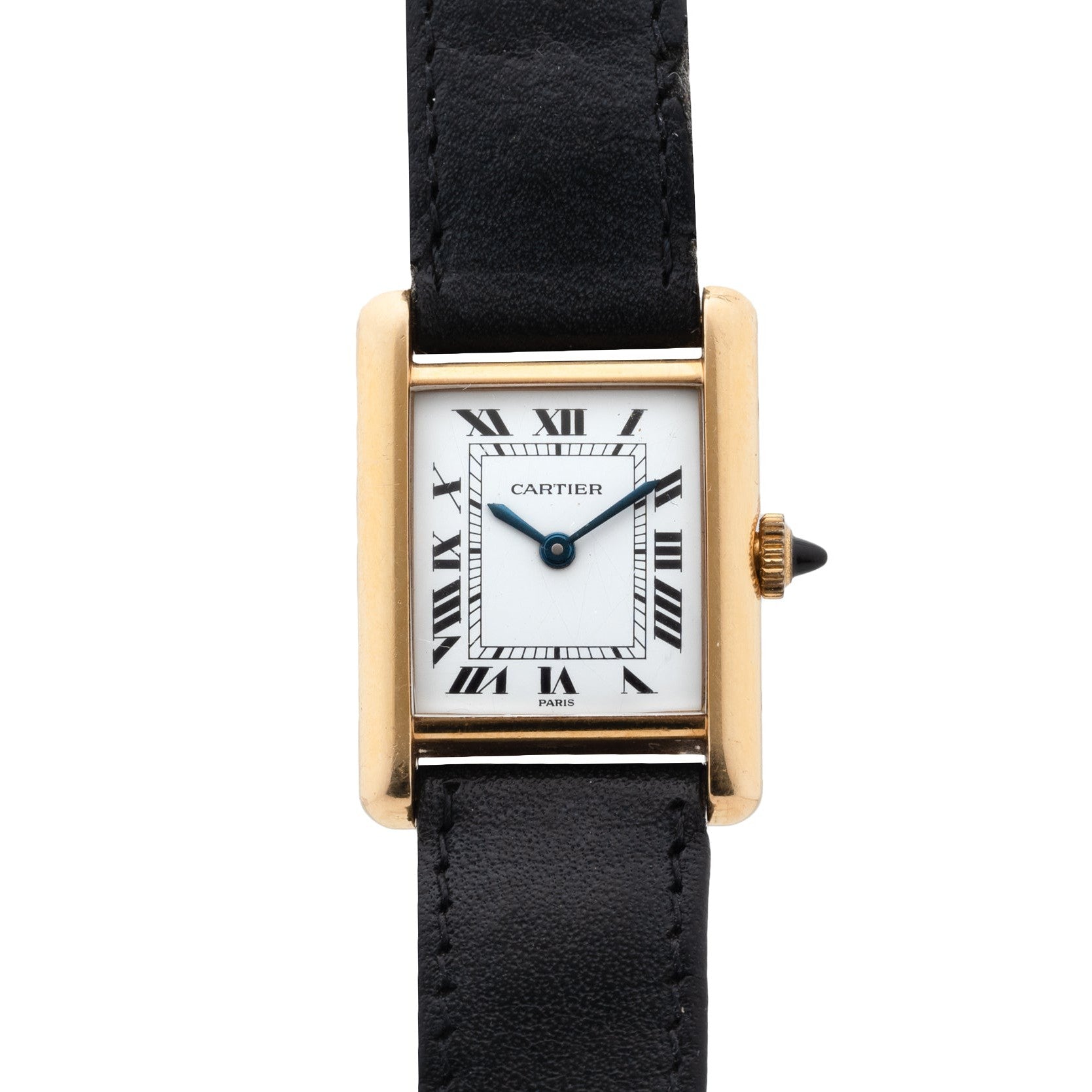 A Cartier Tank Piccolo watch featuring a gold rectangular case, Roman numeral dial, and black leather strap.