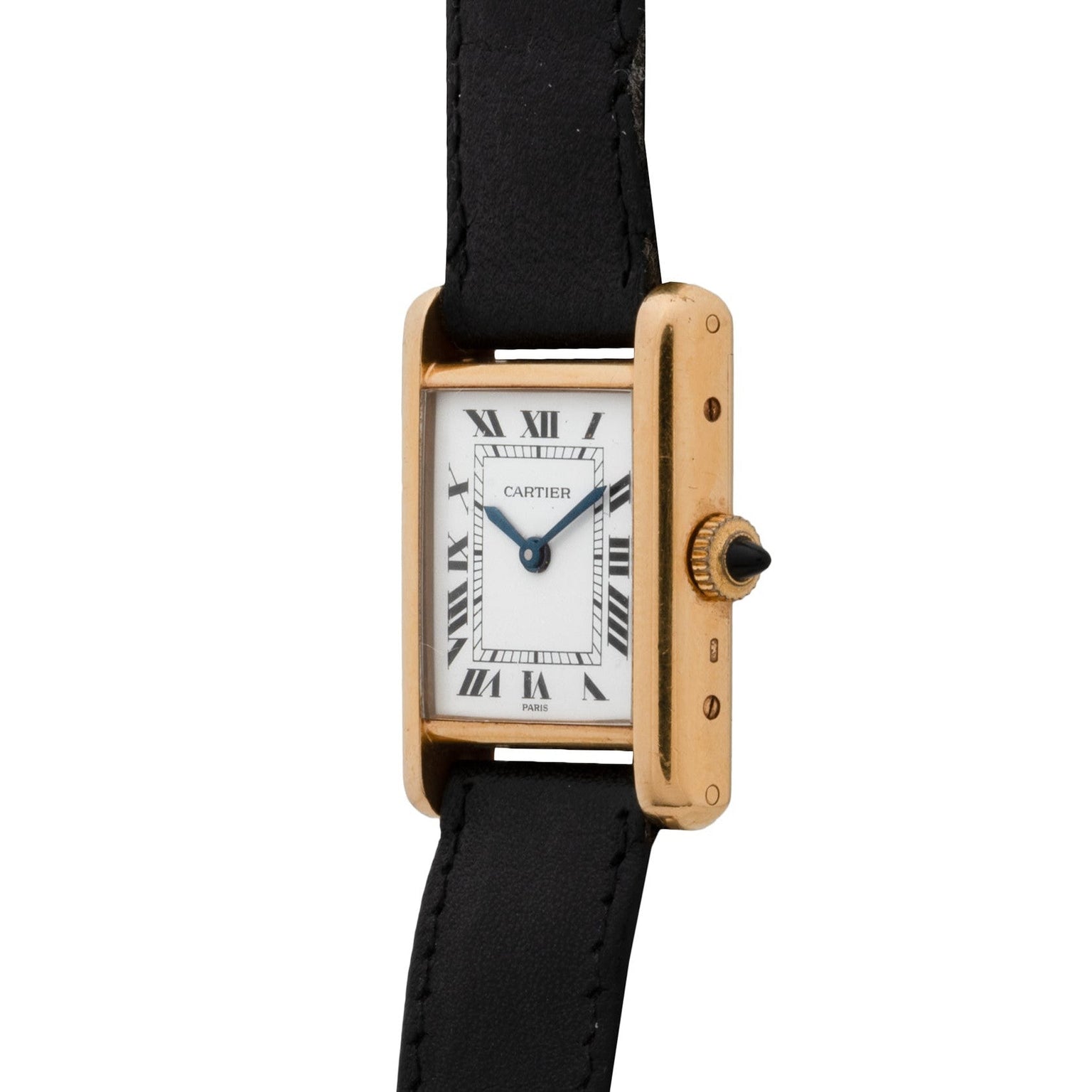 The Cartier Tank ‘Piccolo’ watch features a gold case, black leather strap, white dial, and Roman numerals.