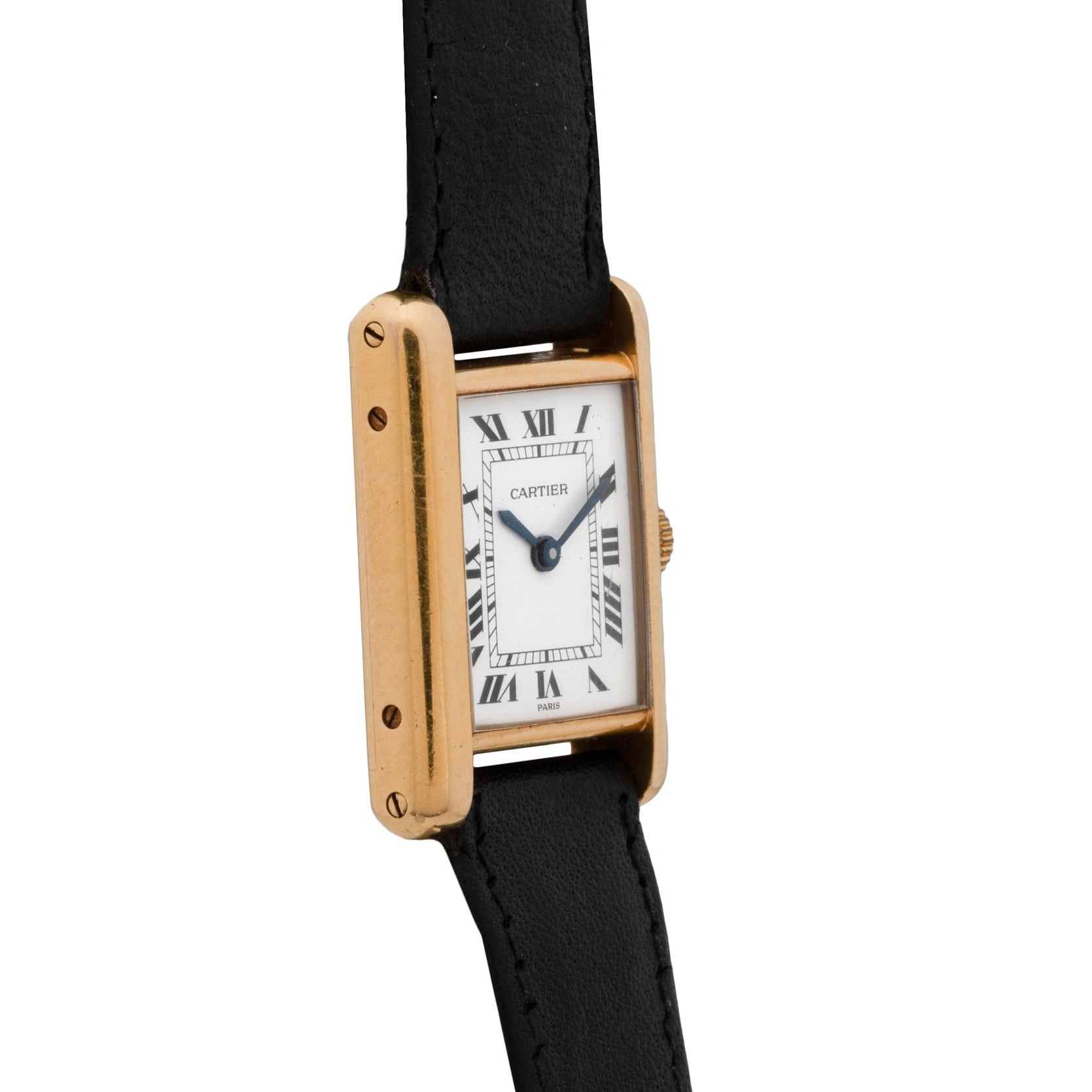 The Cartier Tank Piccolo is a gold wristwatch featuring a rectangular face with black Roman numerals and a black leather strap.
