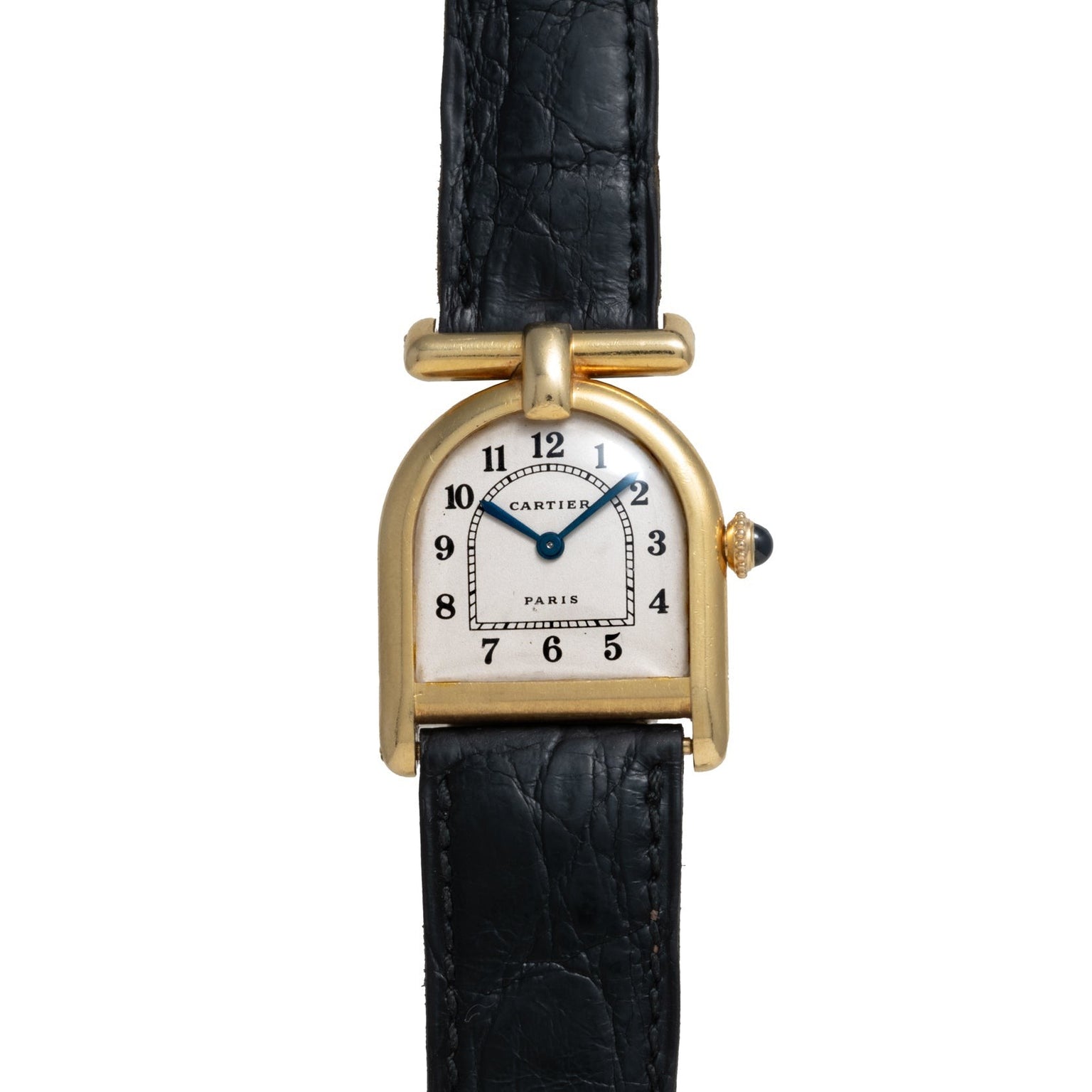 A vintage Cartier Calandre wristwatch featuring a gold case, white dial, and black leather strap.