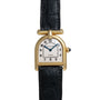 A vintage Cartier Calandre wristwatch featuring a gold case, white dial, and black leather strap.