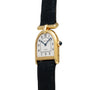 Cartier Calandre gold wristwatch featuring a unique arch-shaped face and black leather strap, displaying the time as 12:00.