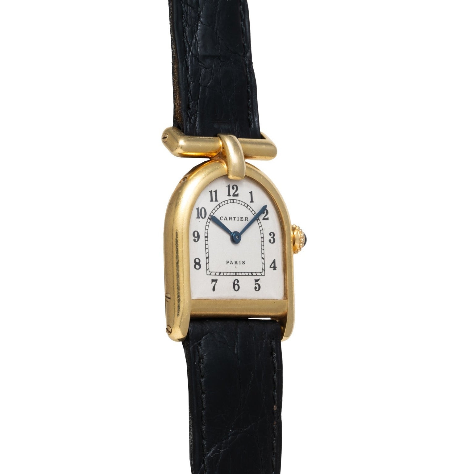 The Cartier Calandre is a gold wristwatch featuring a white face, black numerals, and a black leather strap.