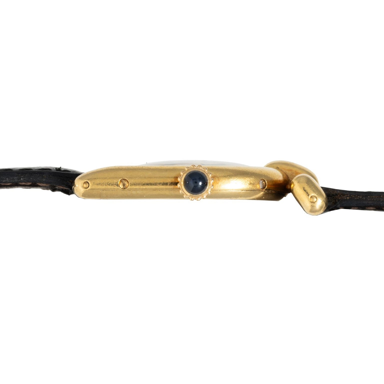 Side view of the Cartier Calandre gold wristwatch, featuring a black leather strap and blue crown.