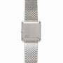 The Piaget Brick Diamond Dress Watch features a silver metal linked bracelet and a square, blank face.